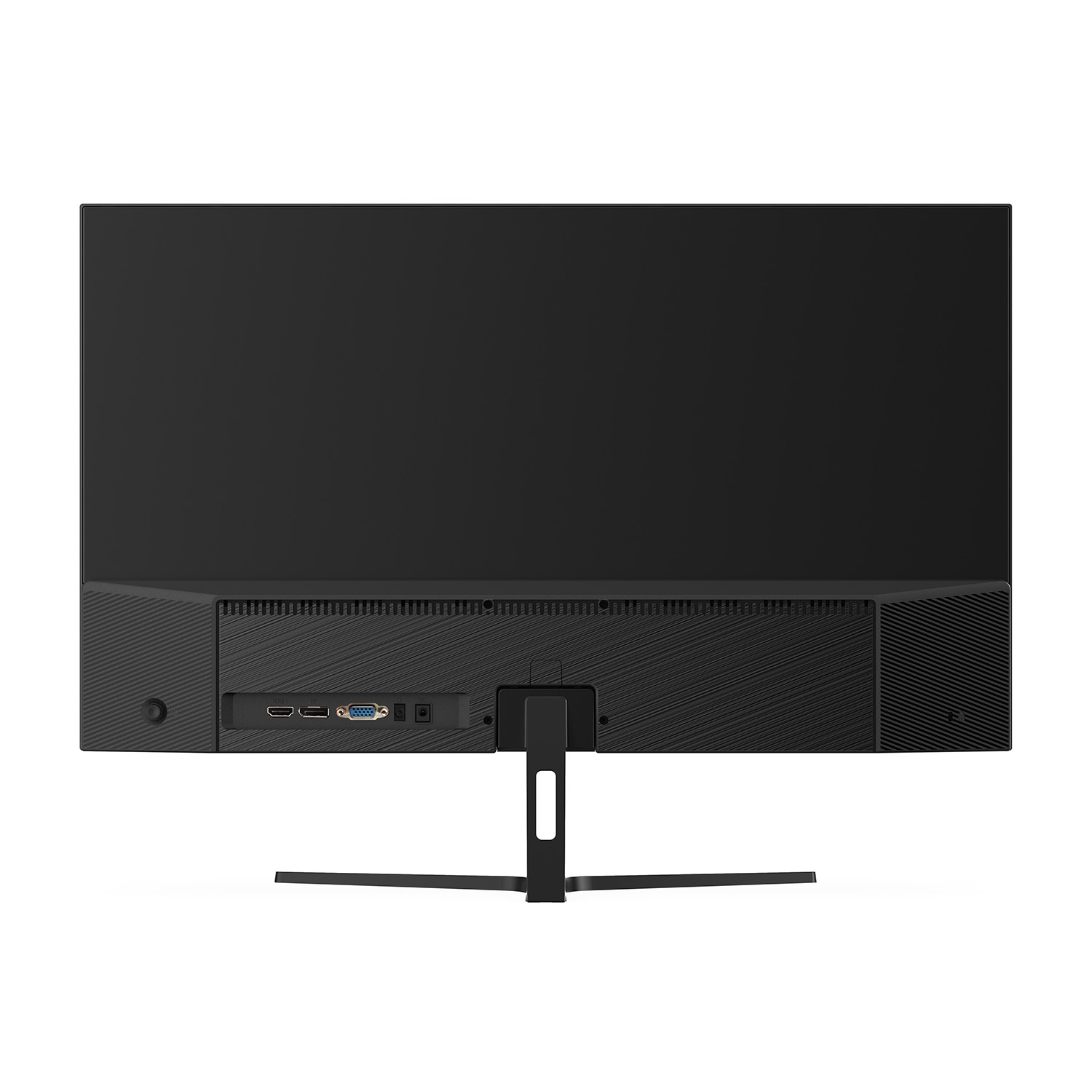 Rückseite eines schwarzen Monitors mit Anschlüssen: HDMI, VGA, Stromversorgung.