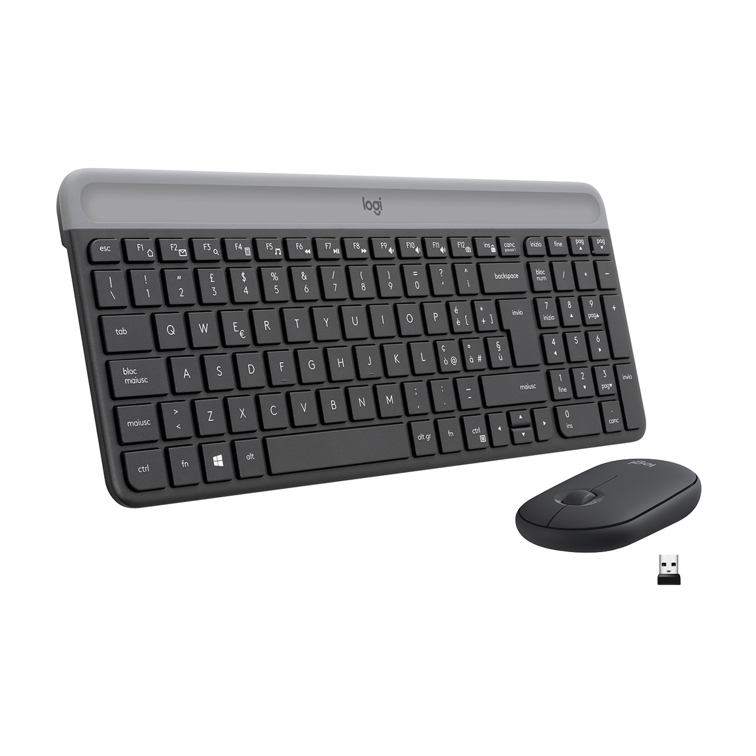 Ein Logitech Wireless Keyboard und eine Maus in Schwarz und Grau.