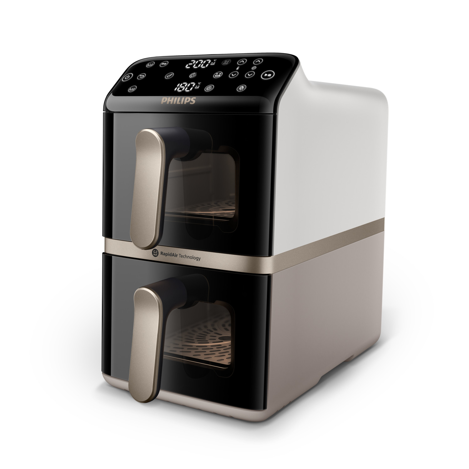 Ein zweistöckiger Philips Heißluftfritteuse mit digitalen Bedienelementen und Glastüren.