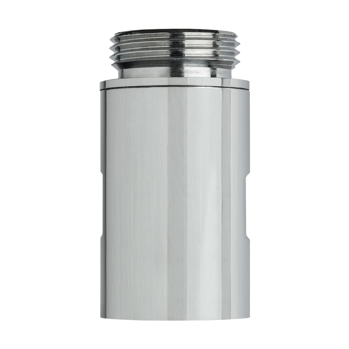 Un adattatore metallico lucido con filettatura sulla parte superiore.