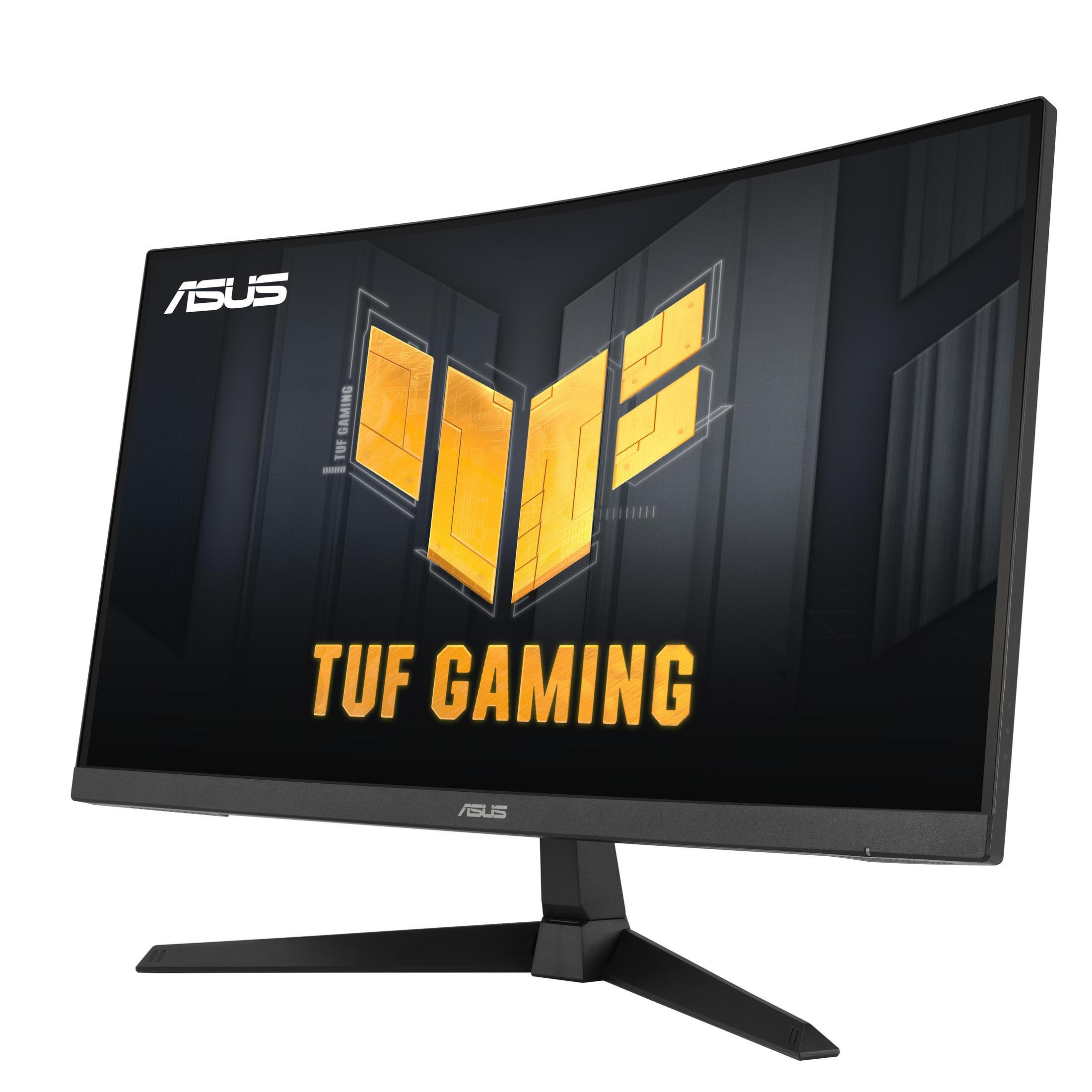 Un monitor gaming curvo Asus muestra un logo y texto TUF amarillos.