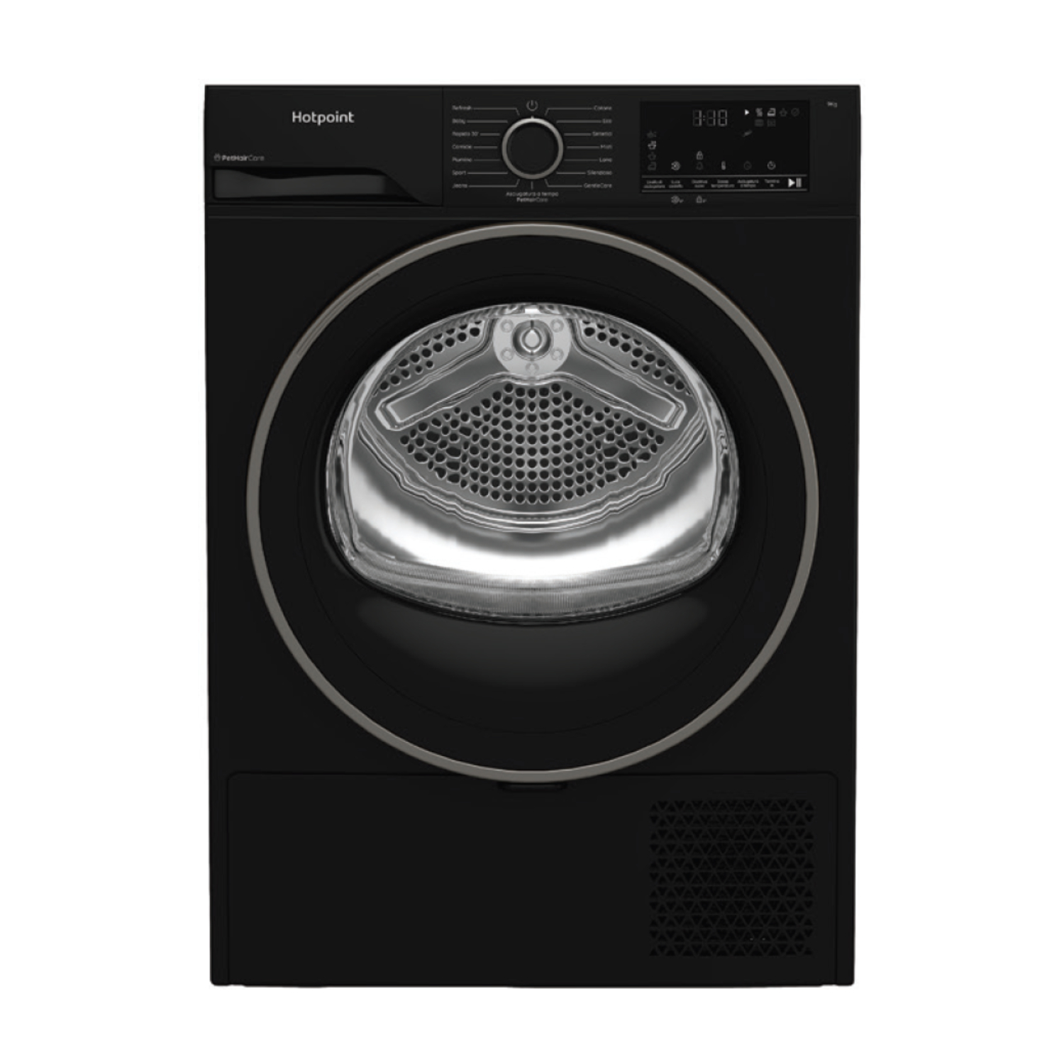 Asciugatrice Hotpoint nera con cestello argentato e pannello di controllo digitale.