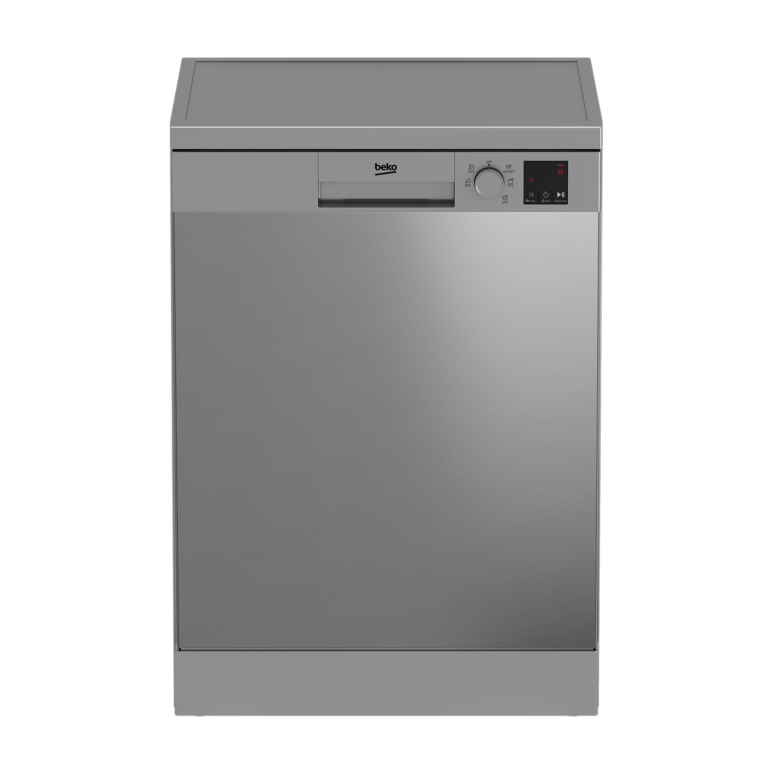 Una lavastoviglie Beko argento su sfondo bianco.