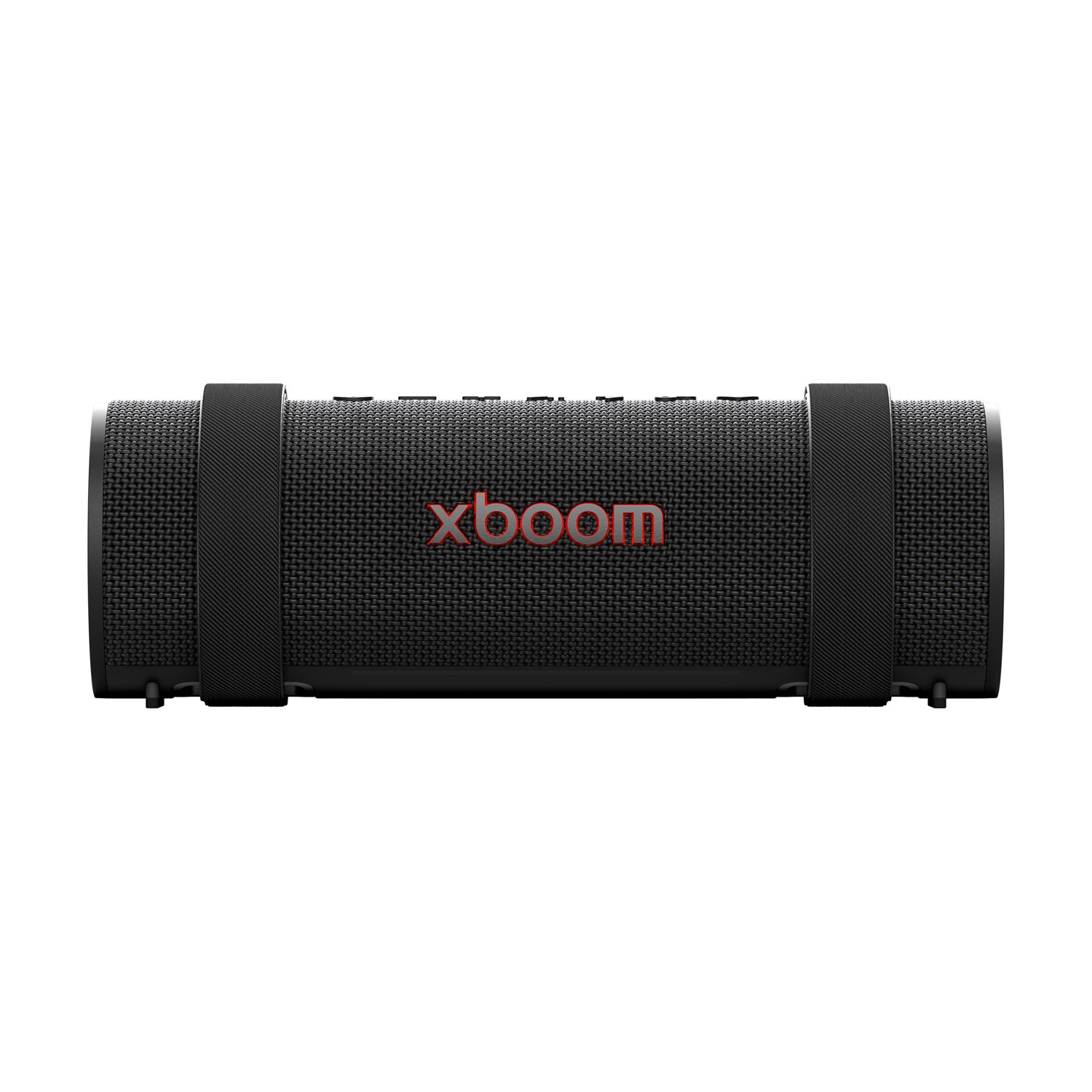 Schwarzer zylindrischer Lautsprecher mit rotem "Xboom"-Logo und schwarzen Bändern.