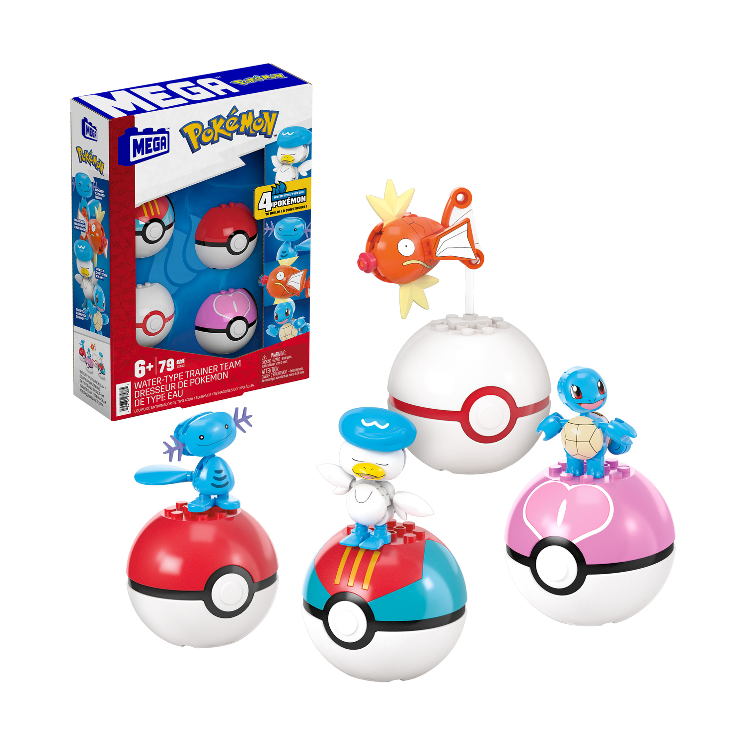 Klocki Mega Pokémon: 3 figurki na Poké Ballach. Pudełko pokazuje 4 Pokémony.