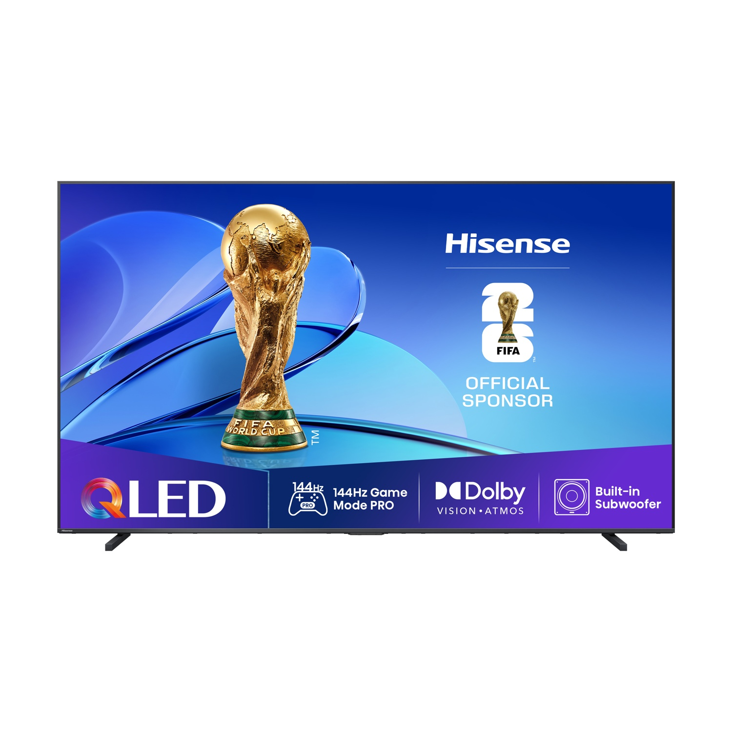Una TV Hisense QLED con il trofeo della Coppa del Mondo FIFA e loghi.
