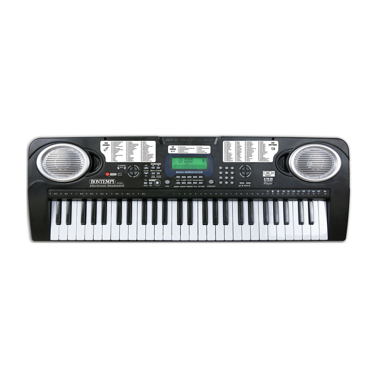 Schwarzes elektronisches Keyboard mit Tasten, Lautsprechern und LCD-Display.