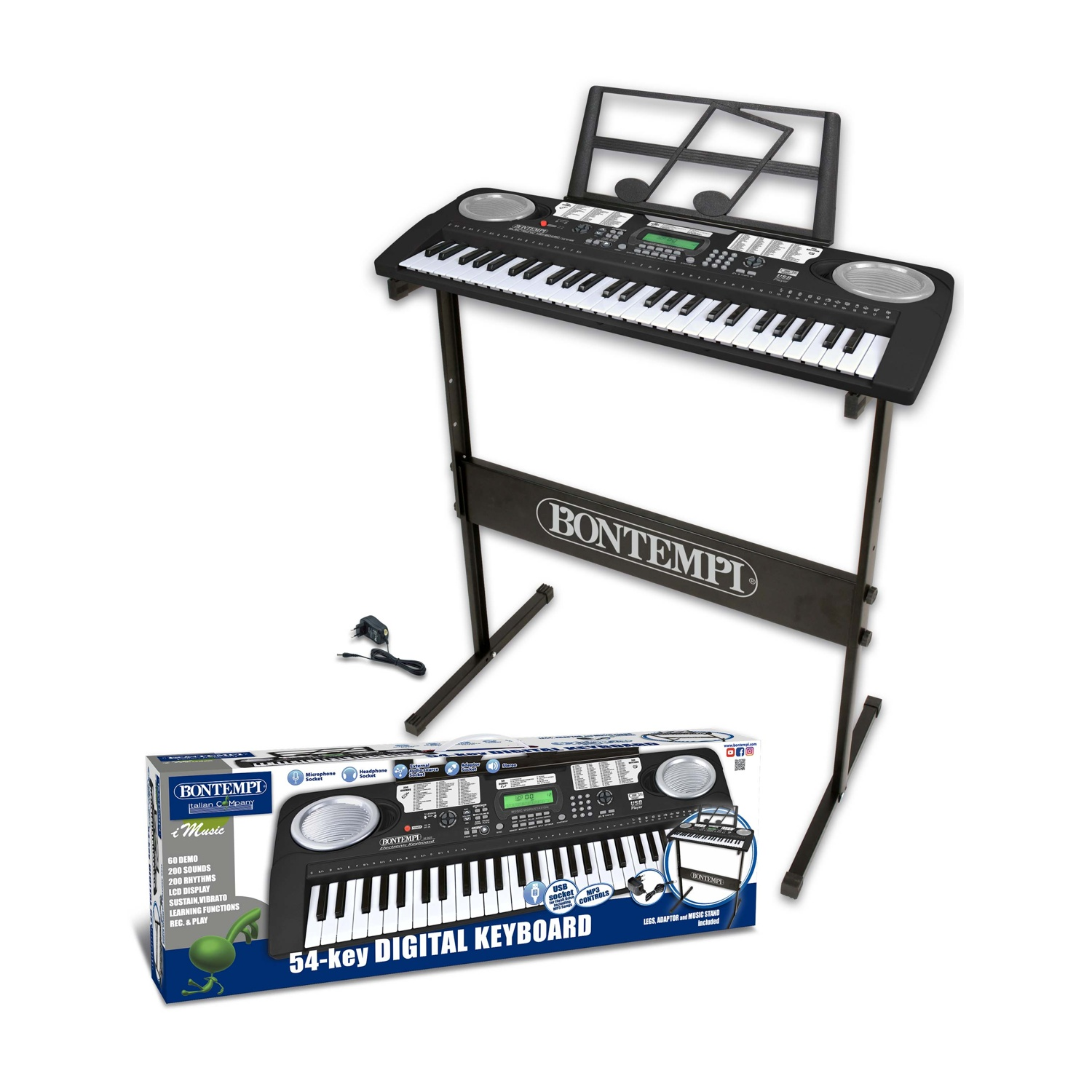 Ein schwarzes Bontempi Digital Keyboard mit 54 Tasten auf einem Ständer.