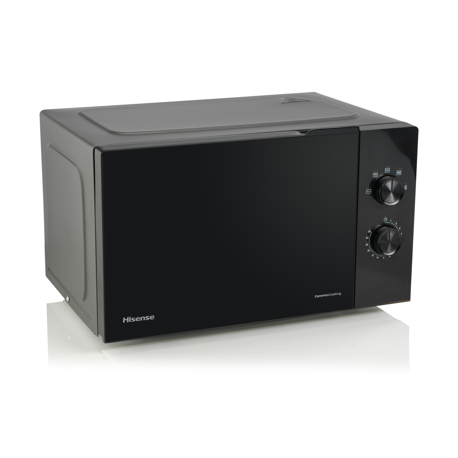 Zwarte Hisense magnetron met zwarte deur en twee draaiknoppen.