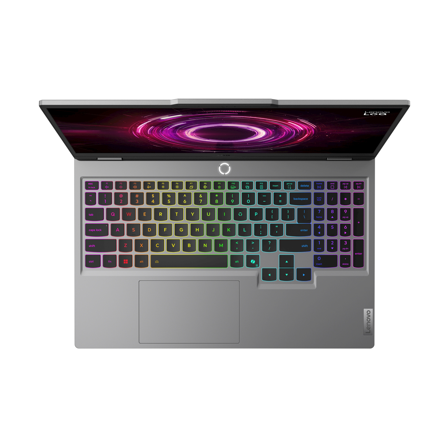 Laptop Lenovo argento con tastiera e schermo colorati che mostrano un motivo a vortice.