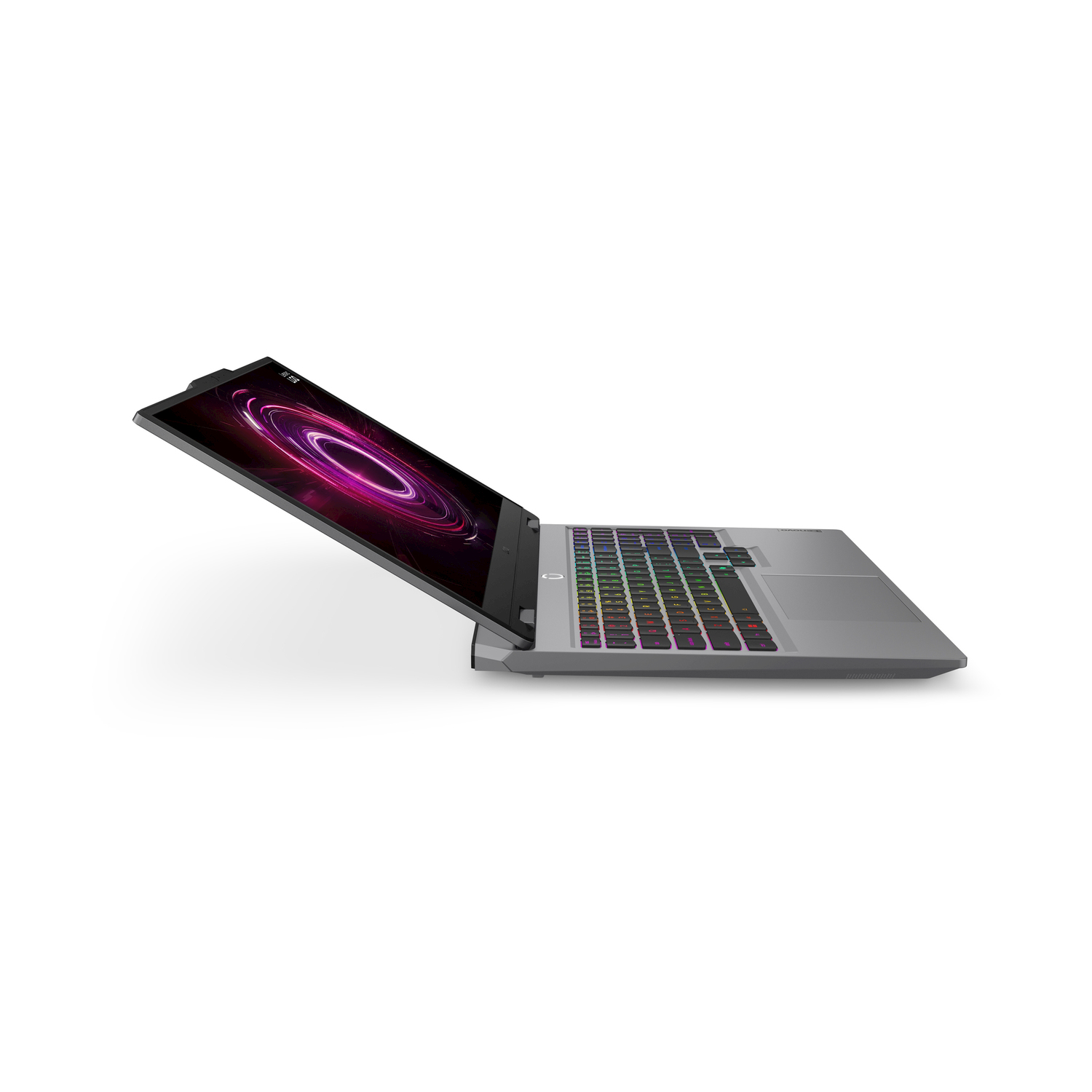 Laptop grigio con tastiera RGB e display viola vorticoso.