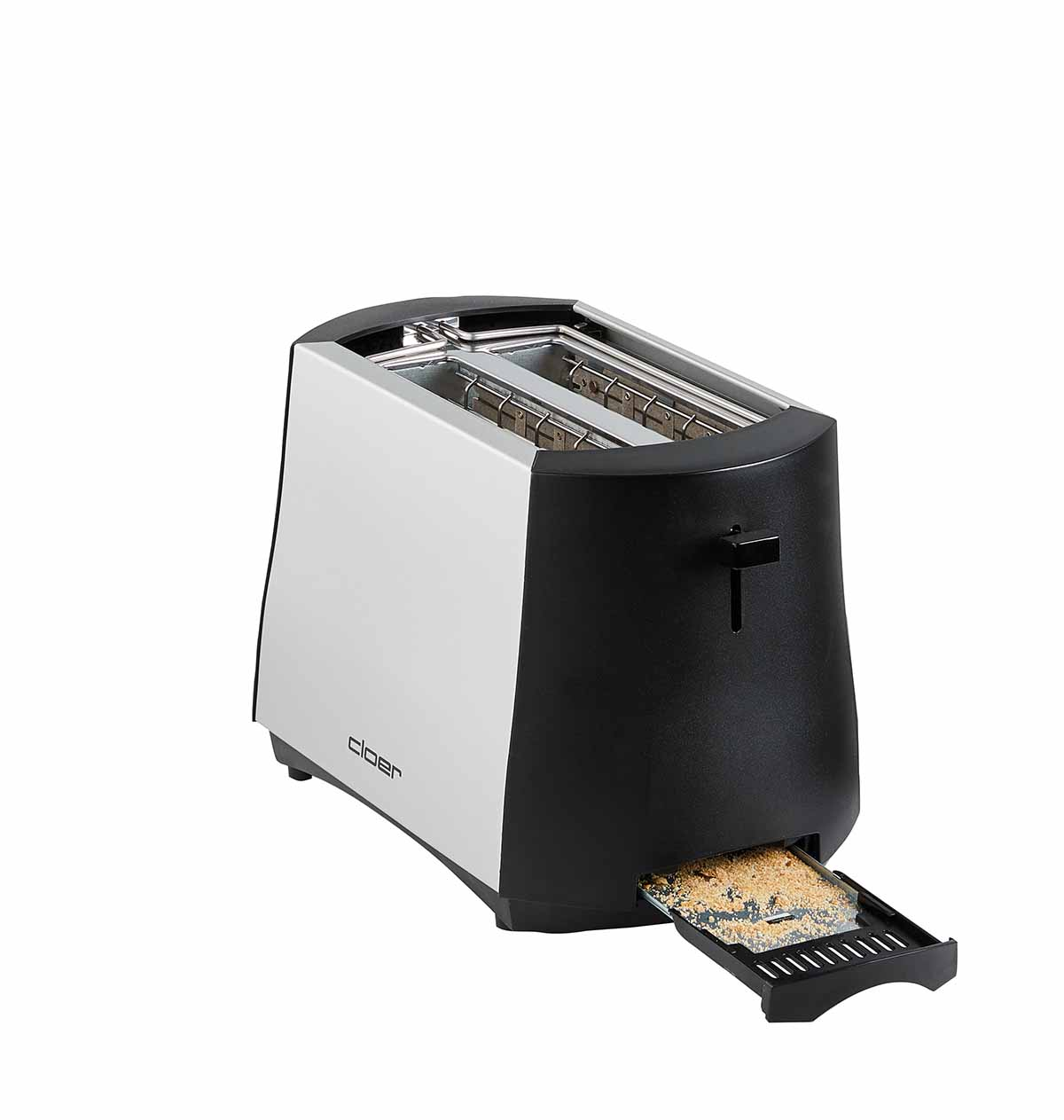 Ein zweischlitziger Toaster mit silberner und schwarzer Gehäuseoberfläche und herausgezogener Krümelschublade.