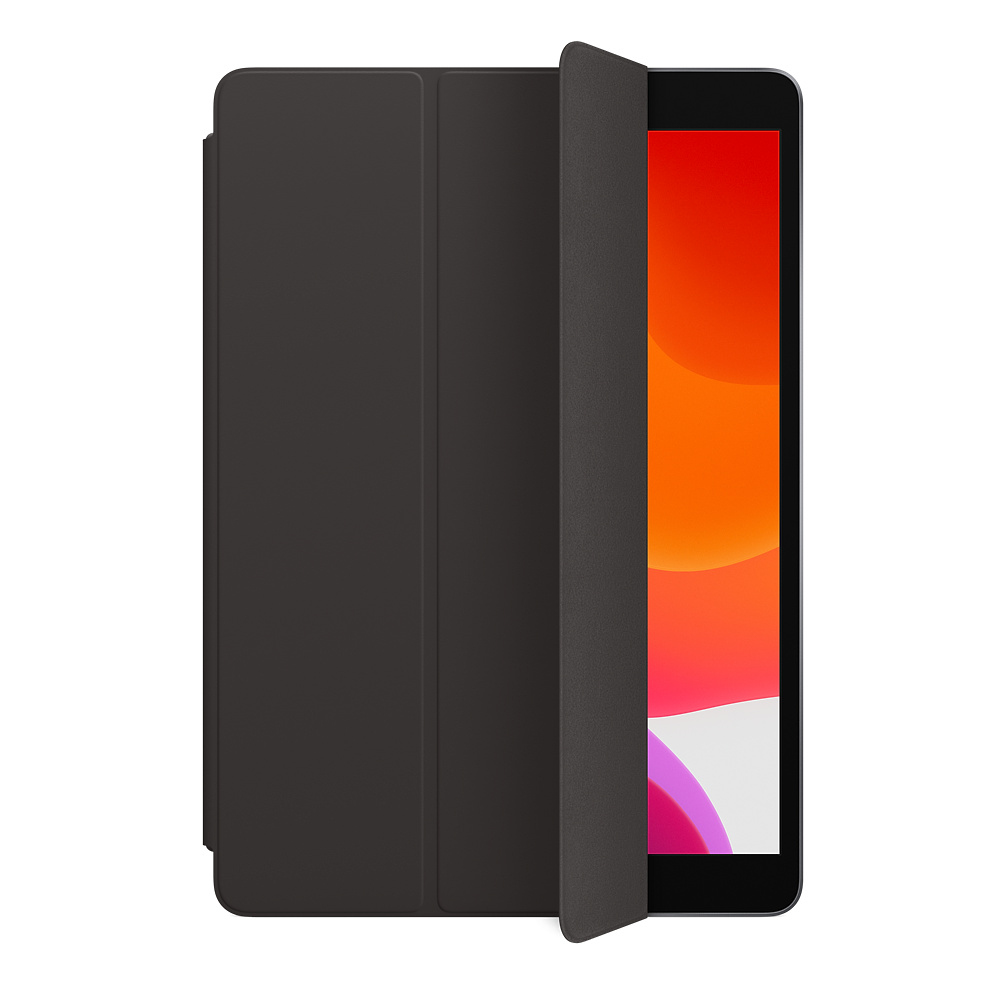 Ein schwarzes Tablet mit einem aufklappbaren Cover, das teilweise geöffnet ist.