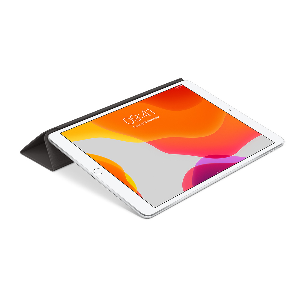 Ein weißes Tablet mit einem dunklen Gehäuse und einem bunten Hintergrundbild.