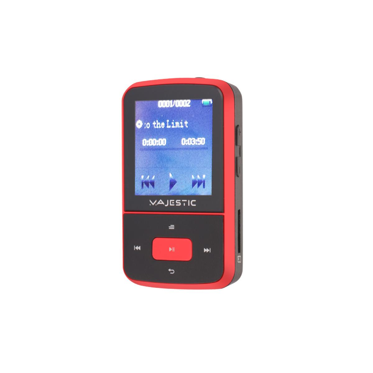 Un lettore MP3 rosso con schermo nero mostra titolo e controlli.