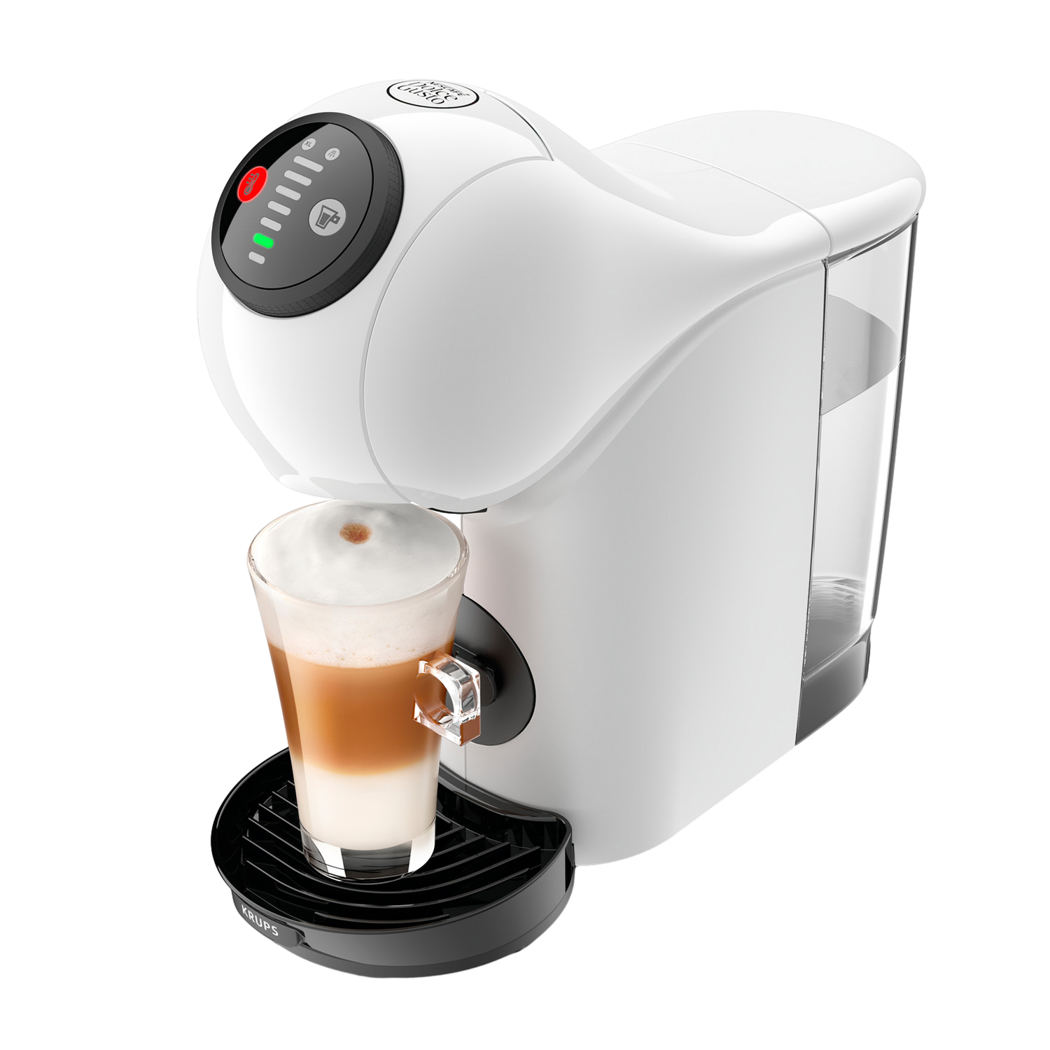 Macchina da caffè bianca con bicchiere di latte macchiato, sfondo nero.