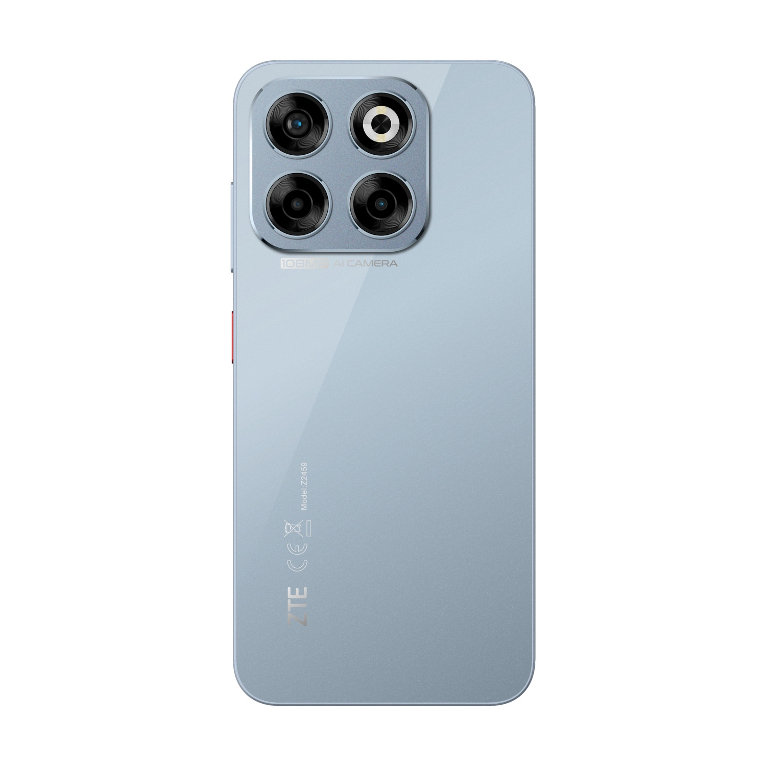 Tył jasnoniebieskiego smartfona z czterema aparatami i logo ZTE.