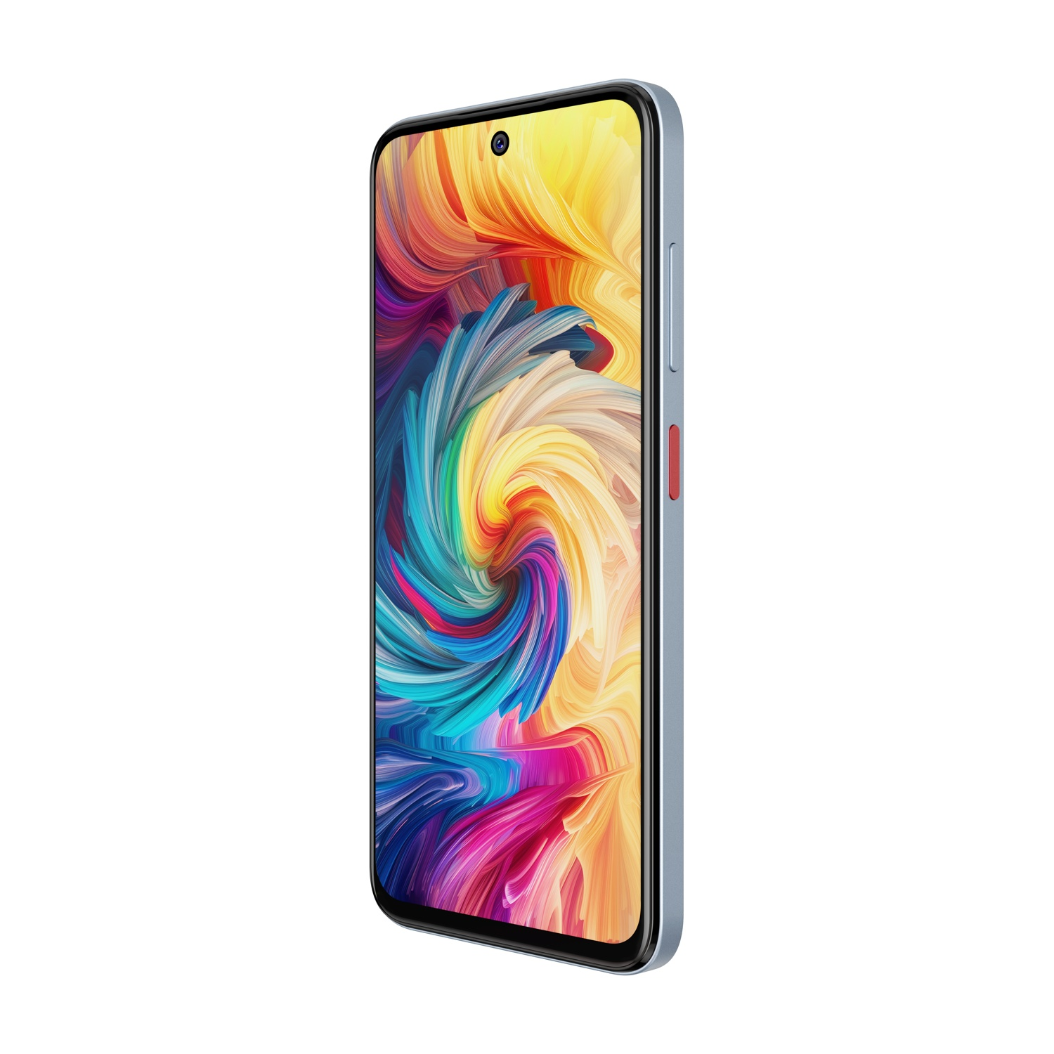 Jasnoniebieski smartfon z kolorową, wirującą tapetą.