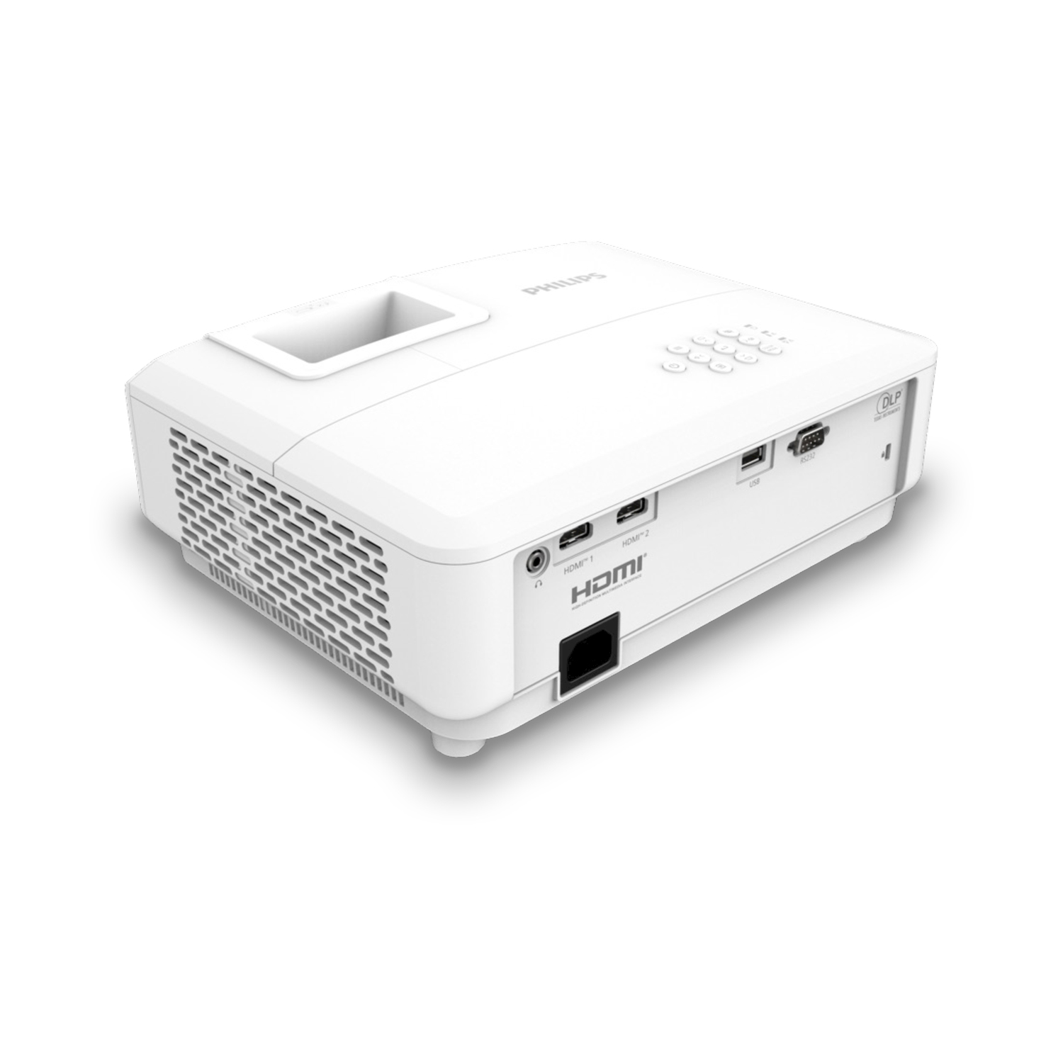 Een witte Philips projector met zichtbare HDMI- en USB-poorten.