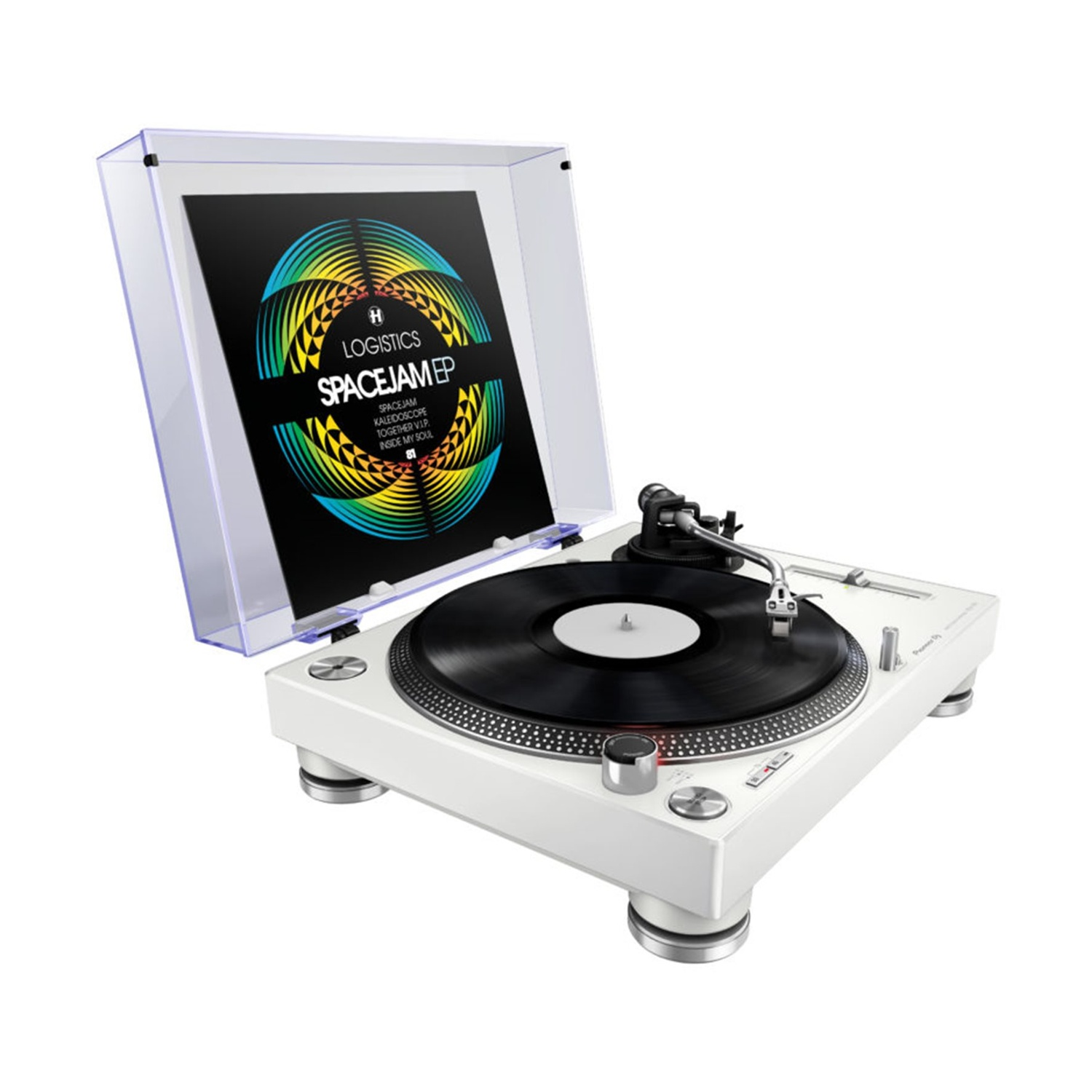 A white turntable with a black vinyl record and an open cover displaying colorful graphic art.