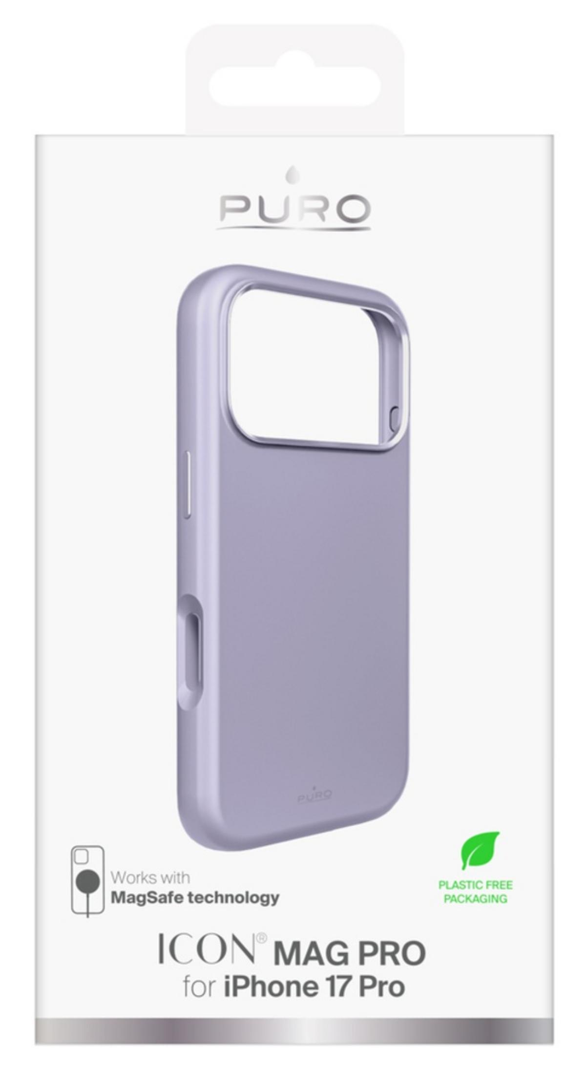 Lila iPhone 17 Pro Hülle von Puro mit MagSafe-Technologie und plastikfreier Verpackung.