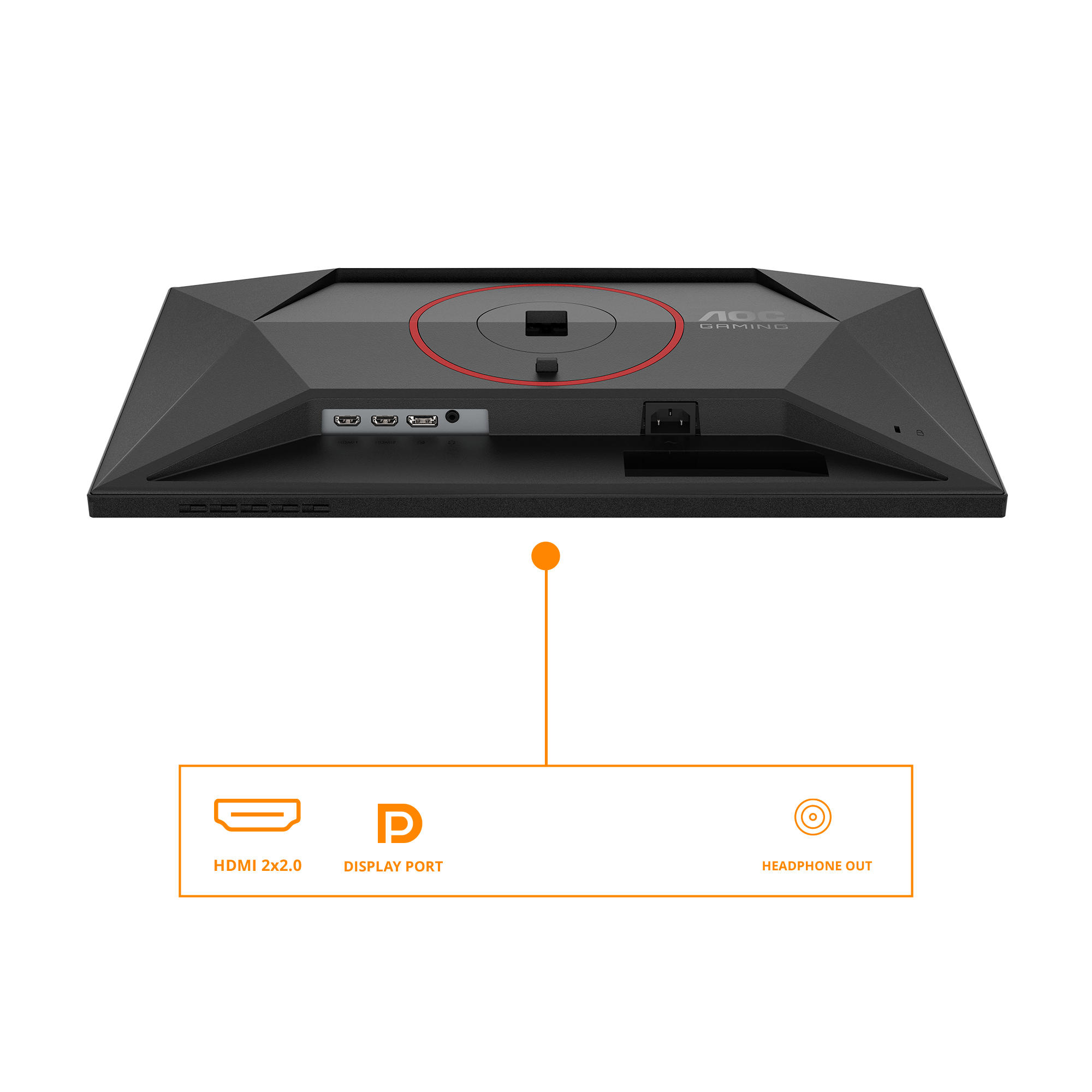 Tył monitora AOC z portami HDMI, Display Port i wyjściem słuchawkowym.