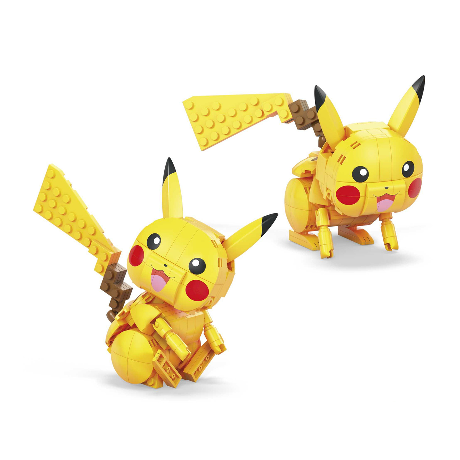 Two yellow brick-built Pikachu figures on a white background.