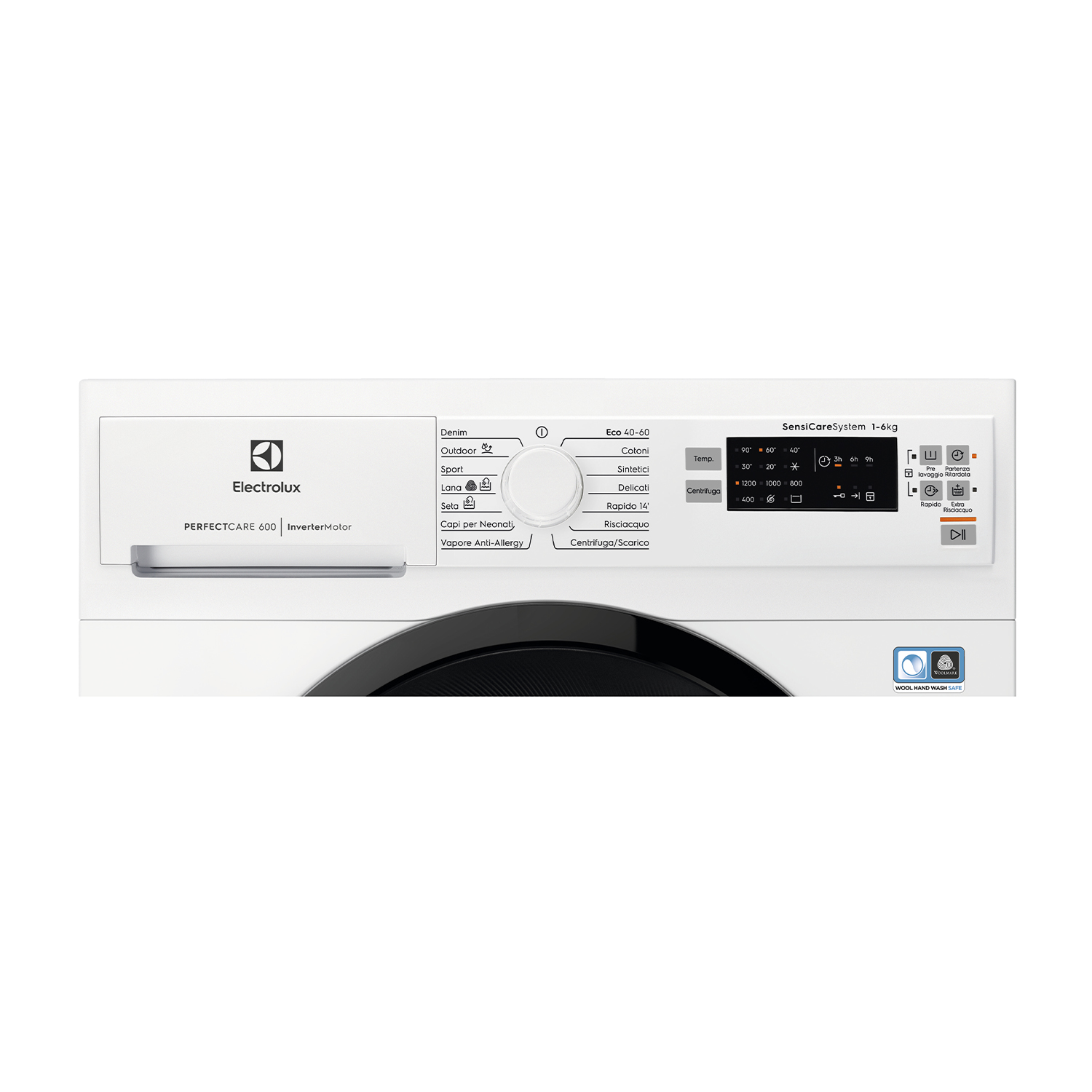 Una lavatrice Electrolux bianca con pannello di controllo e vari programmi di lavaggio.