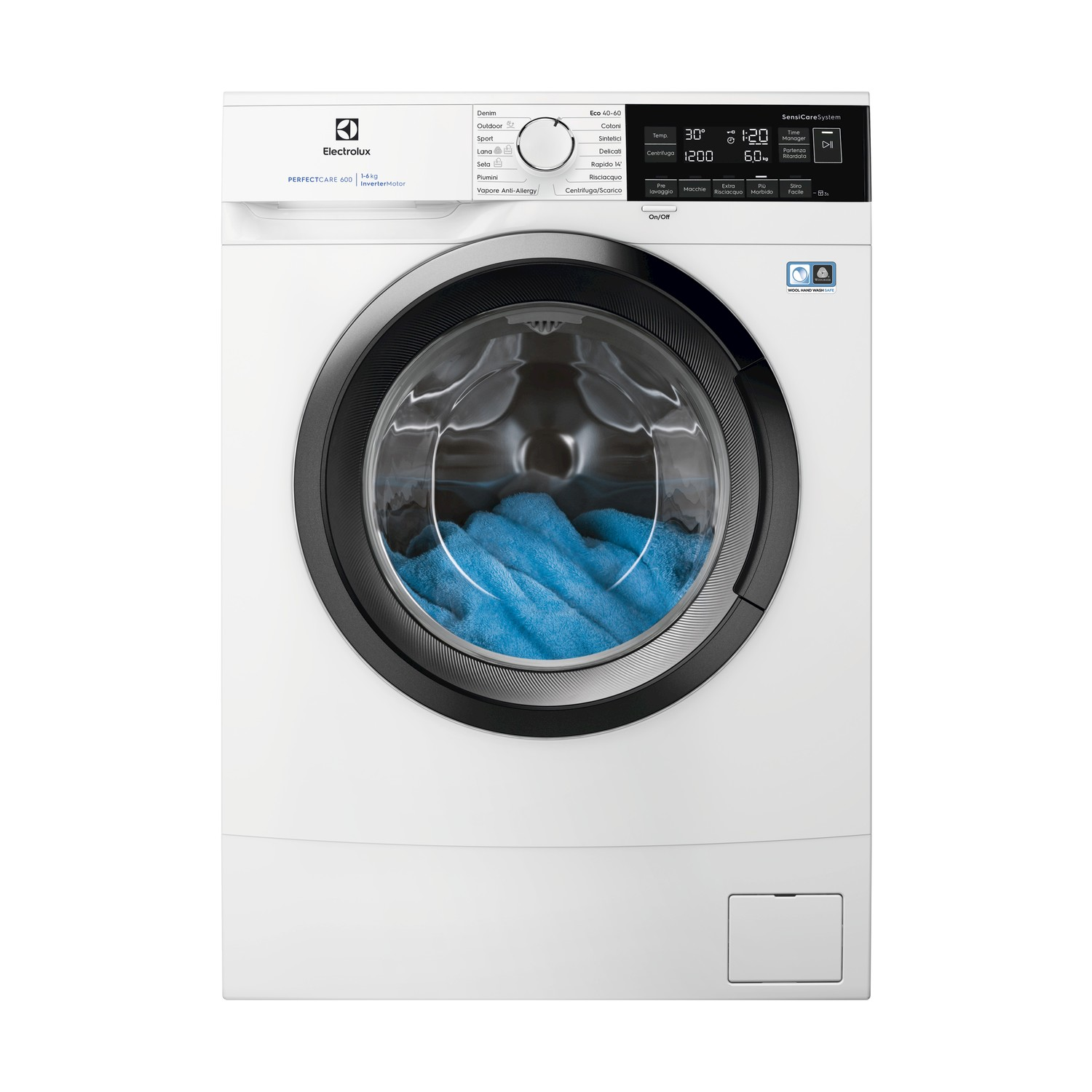 Lavatrice Electrolux bianca con oblò nero e asciugamani blu all'interno.
