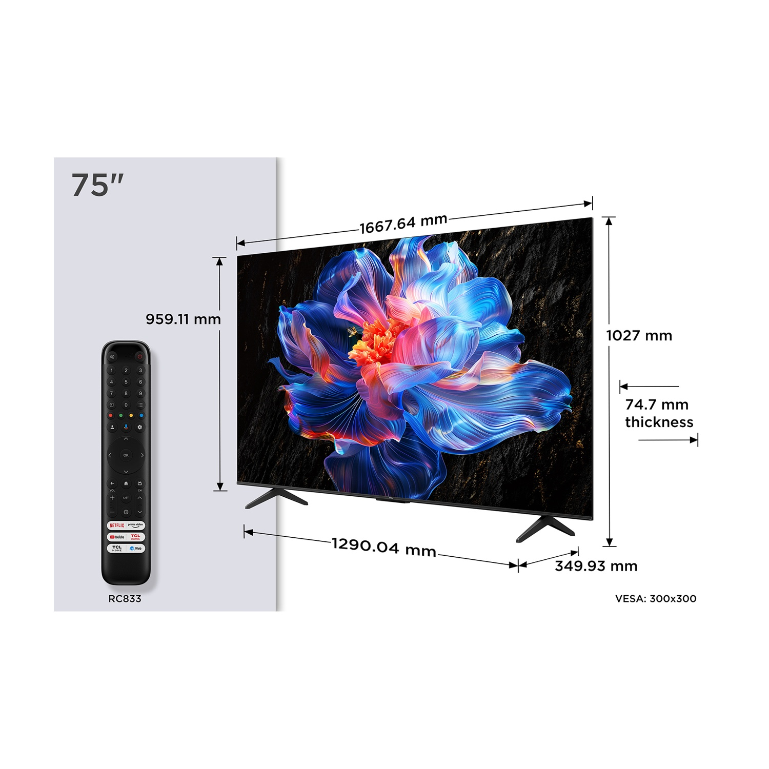 Telewizor 75 cali z pilotem, wymiary: 1667x1027x74,7mm.