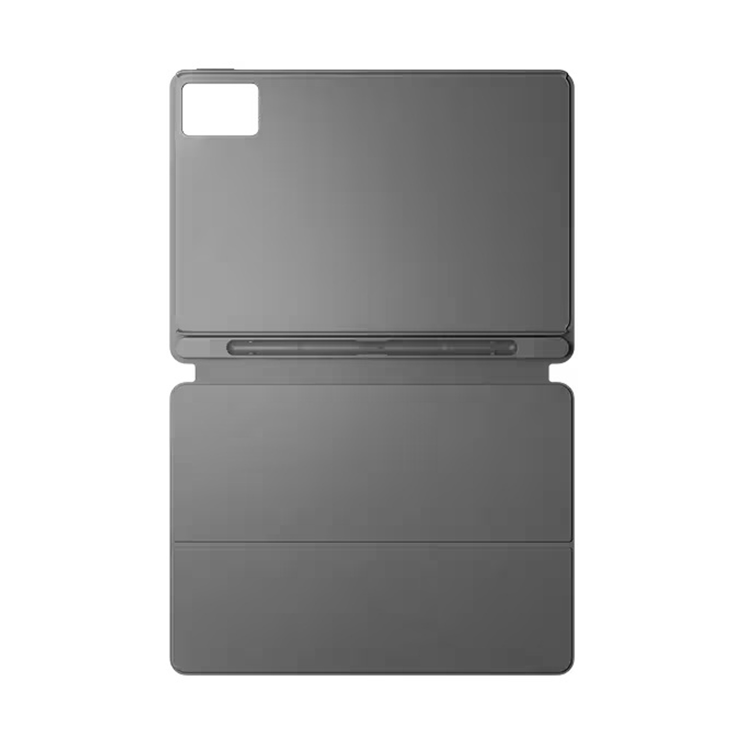Graue Tablet-Hülle mit Tastatur und Stifthalter.