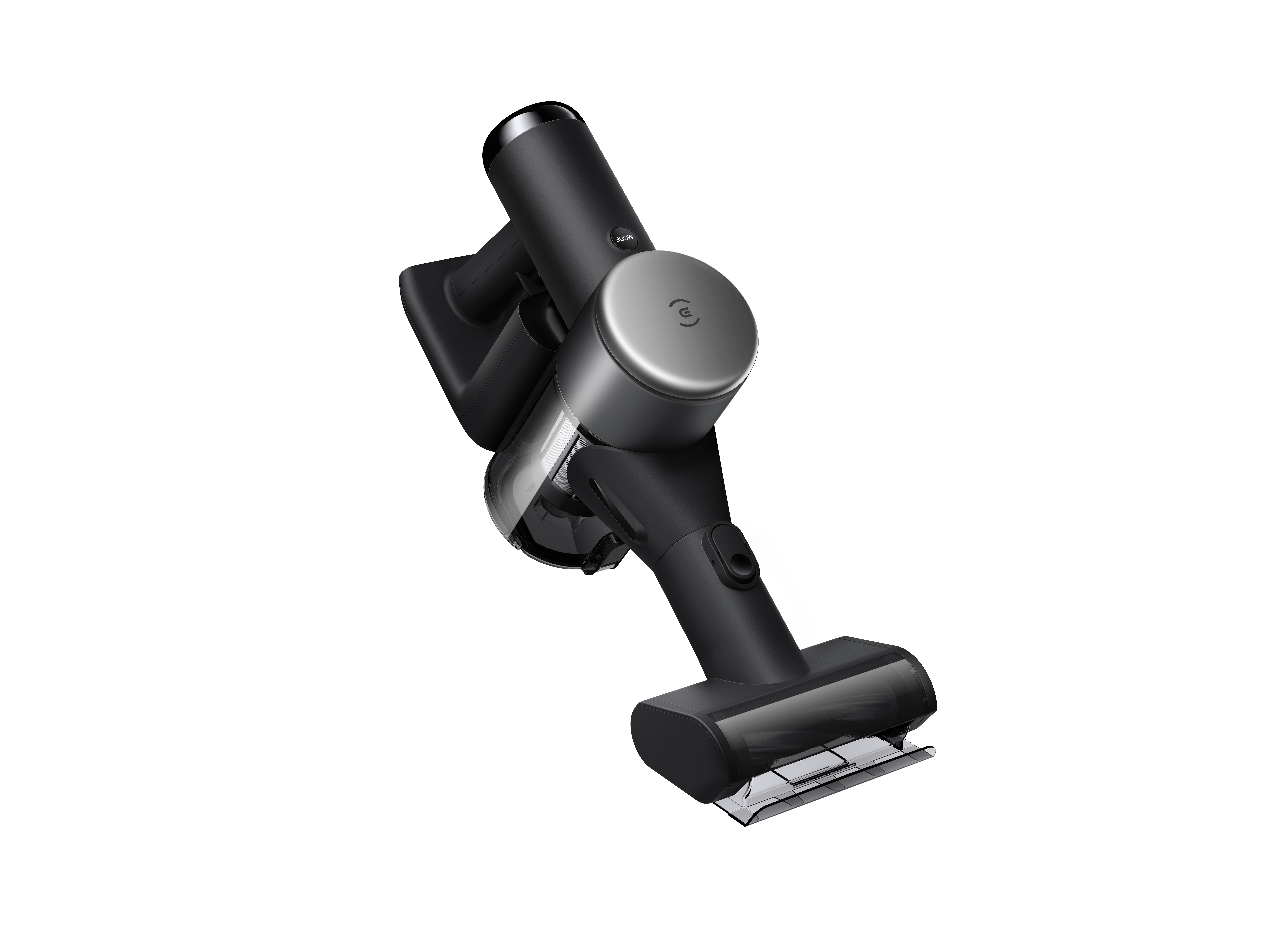 Czarny odkurzacz ręczny z srebrnymi akcentami i przezroczystym pojemnikiem na kurz.