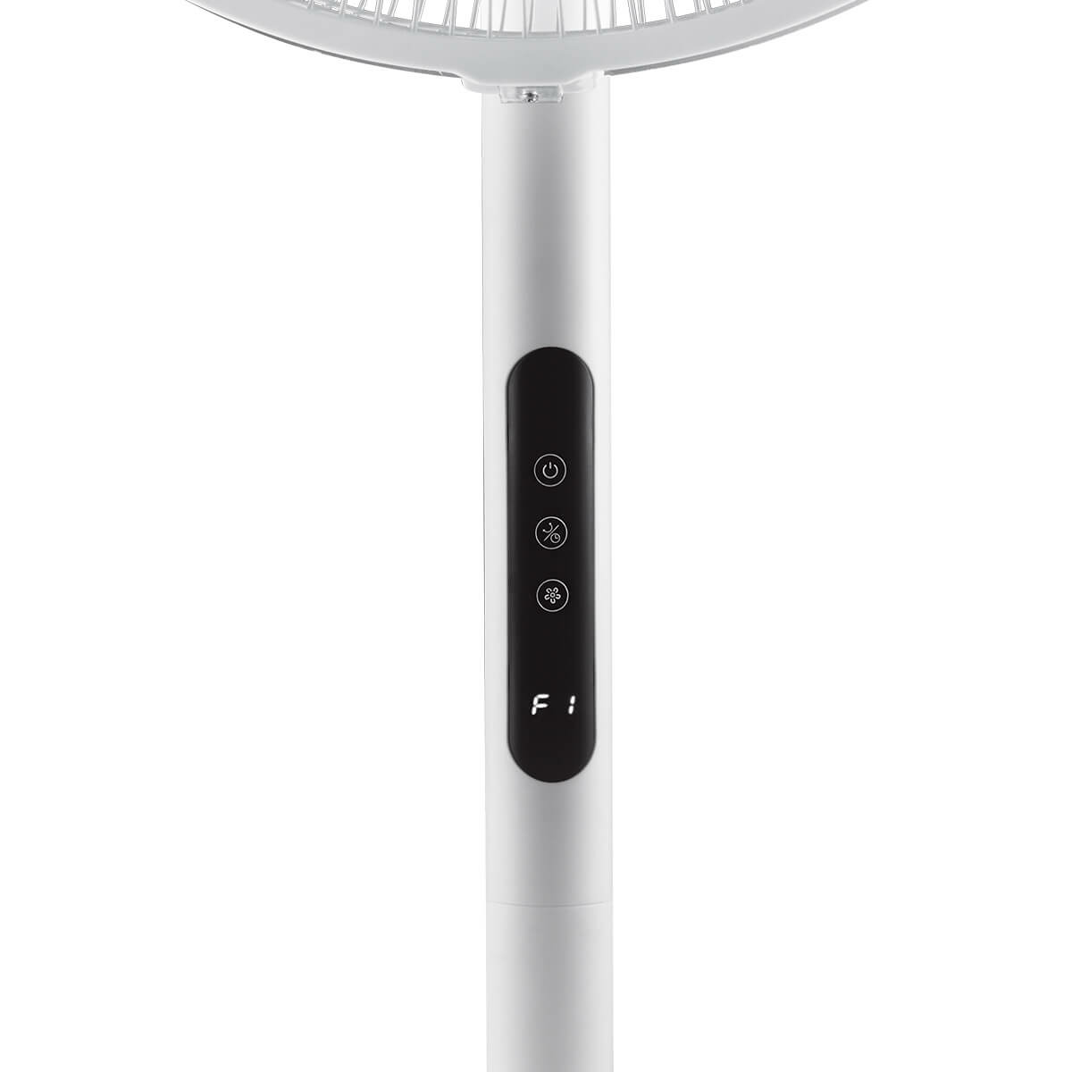 Biały wentylator stojący z panelem sterowania i cyfrowym wyświetlaczem.