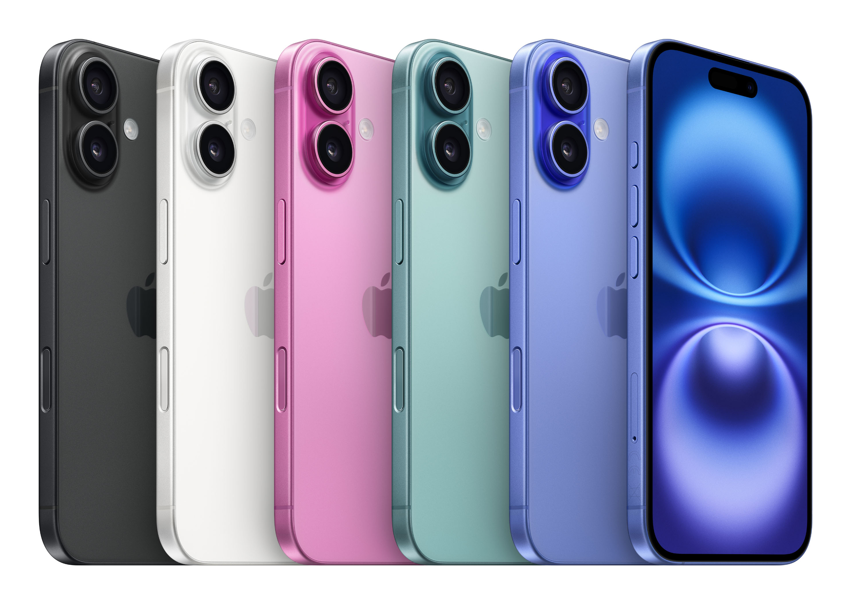 Cinco iPhones en negro, blanco, rosa, verde menta y morado uno al lado del otro.