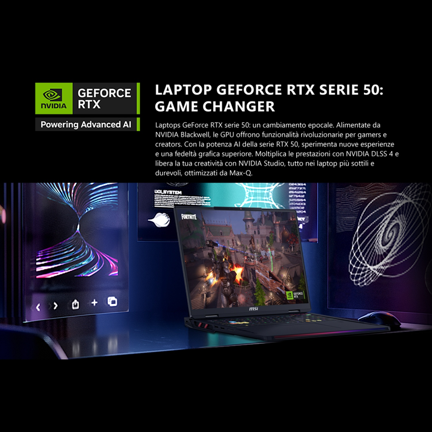 Un laptop con grafica NVIDIA GeForce RTX che mostra il gioco Fortnite.