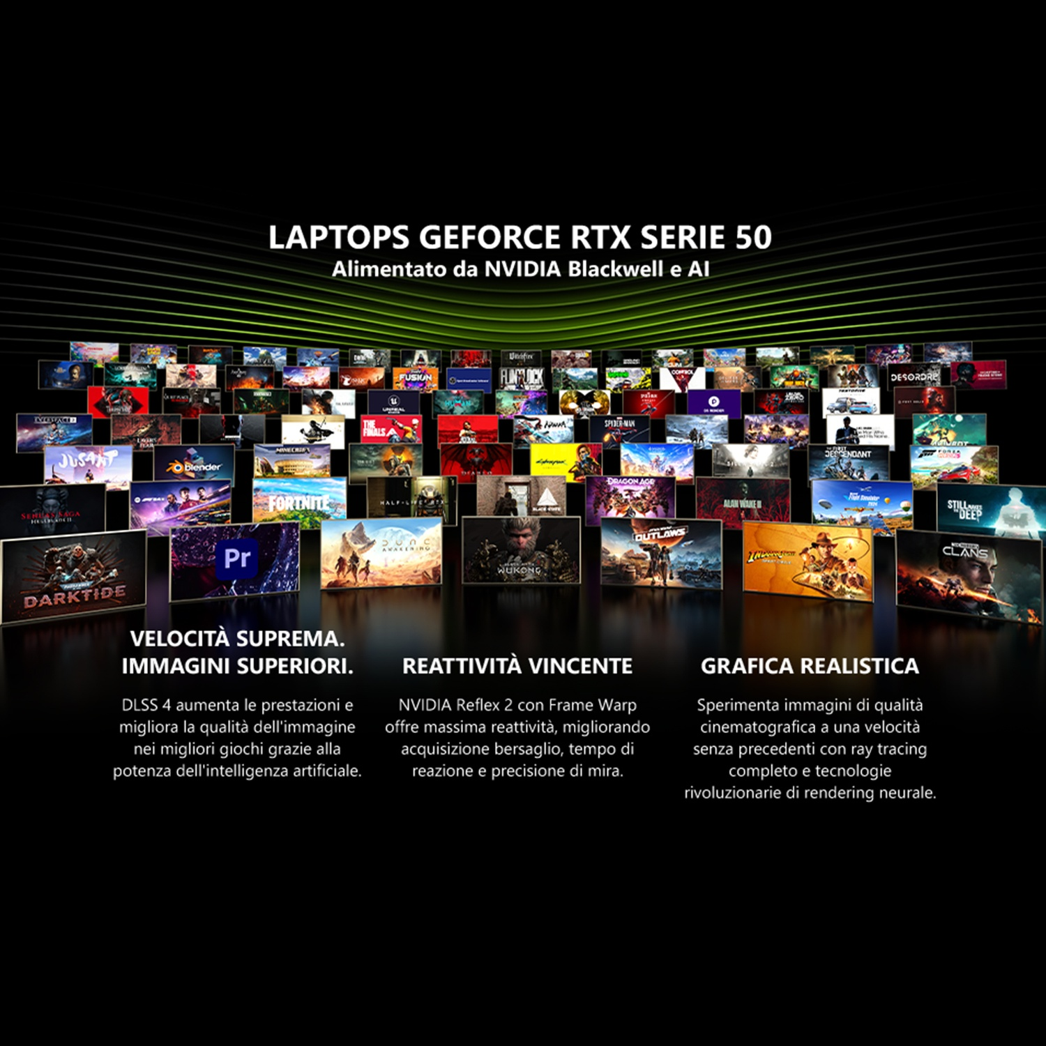 Un collage di copertine di videogiochi intitolato 'Laptops GeForce RTX Serie 50'.