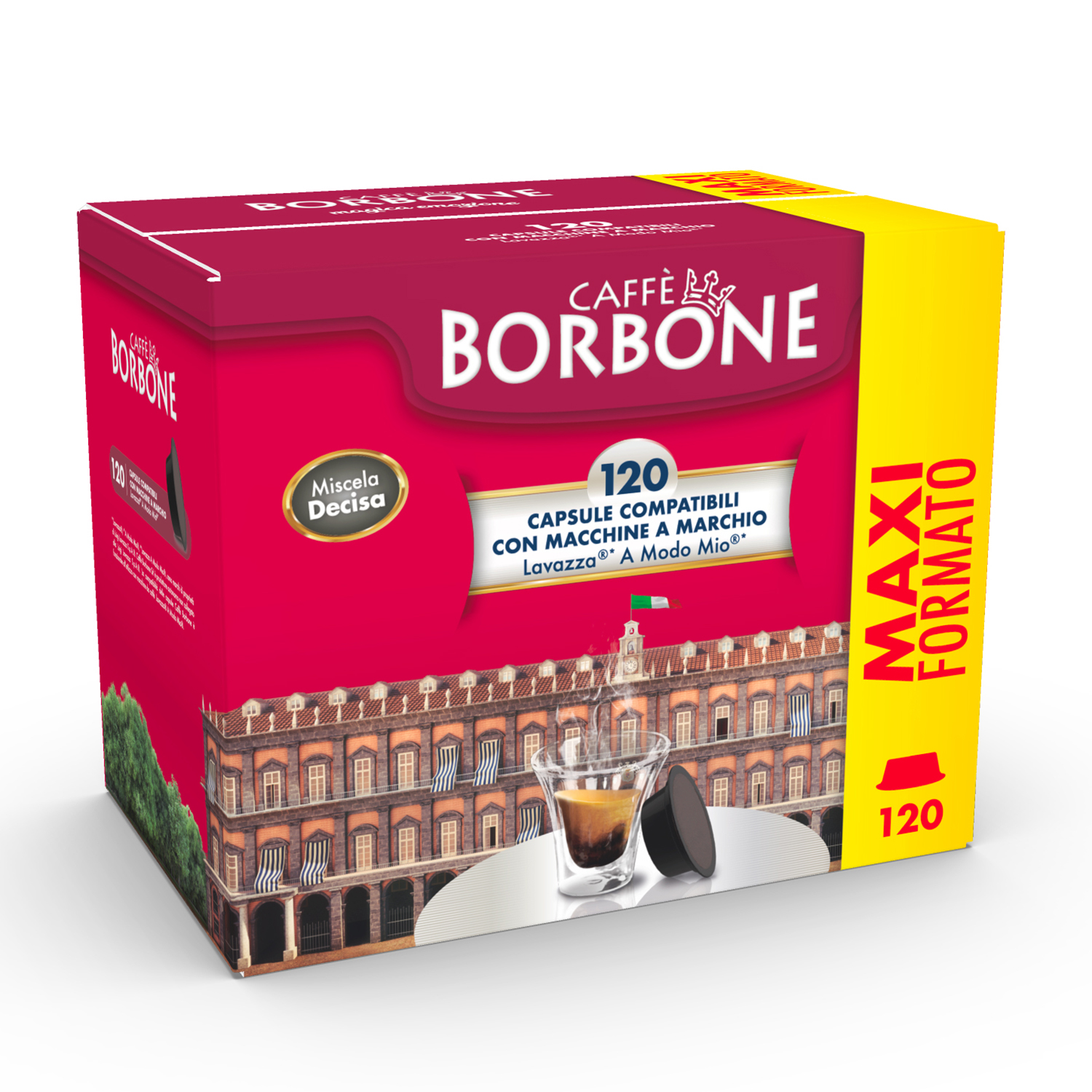 Capsule caffè Borbone con motivo di palazzo e caffè espresso in vetro.