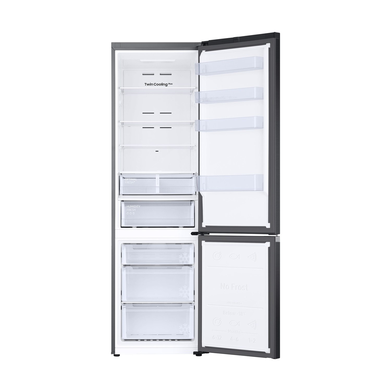 Ein offener, dunkler Kühlschrank mit mehreren Fächern und Schubladen.