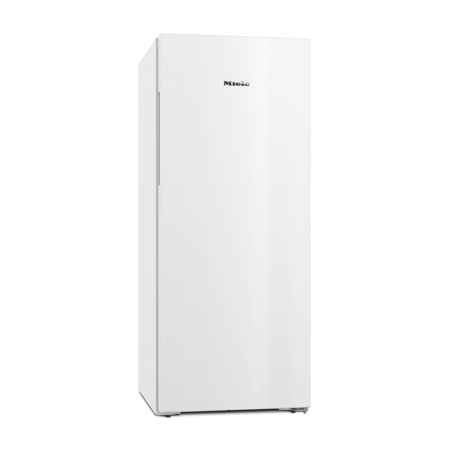 Ein weißer Miele-Kühlschrank mit silbernem Griff und Logo steht auf weißem Hintergrund.