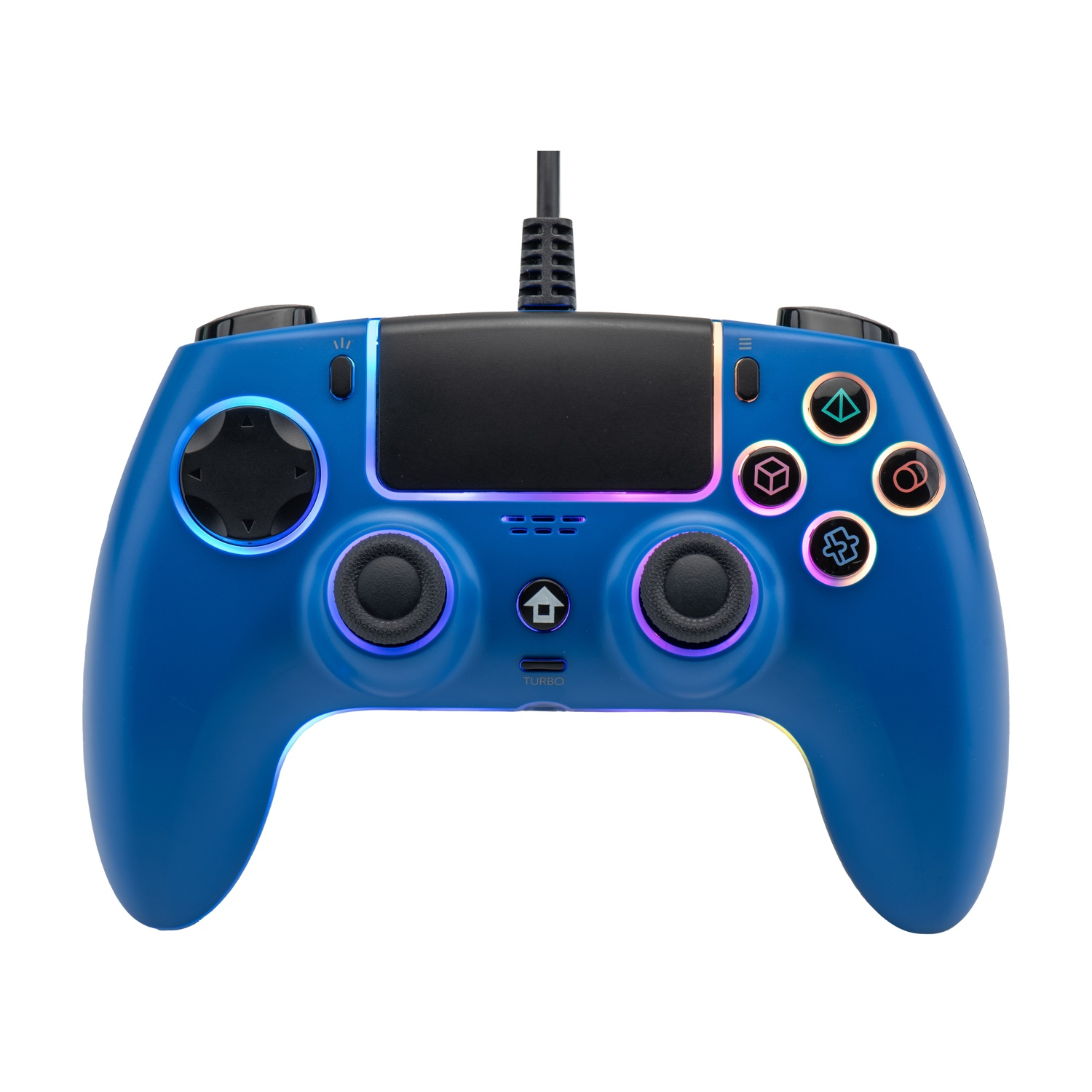 Controller da gioco blu con illuminazione RGB, pulsanti illuminati e cavo.