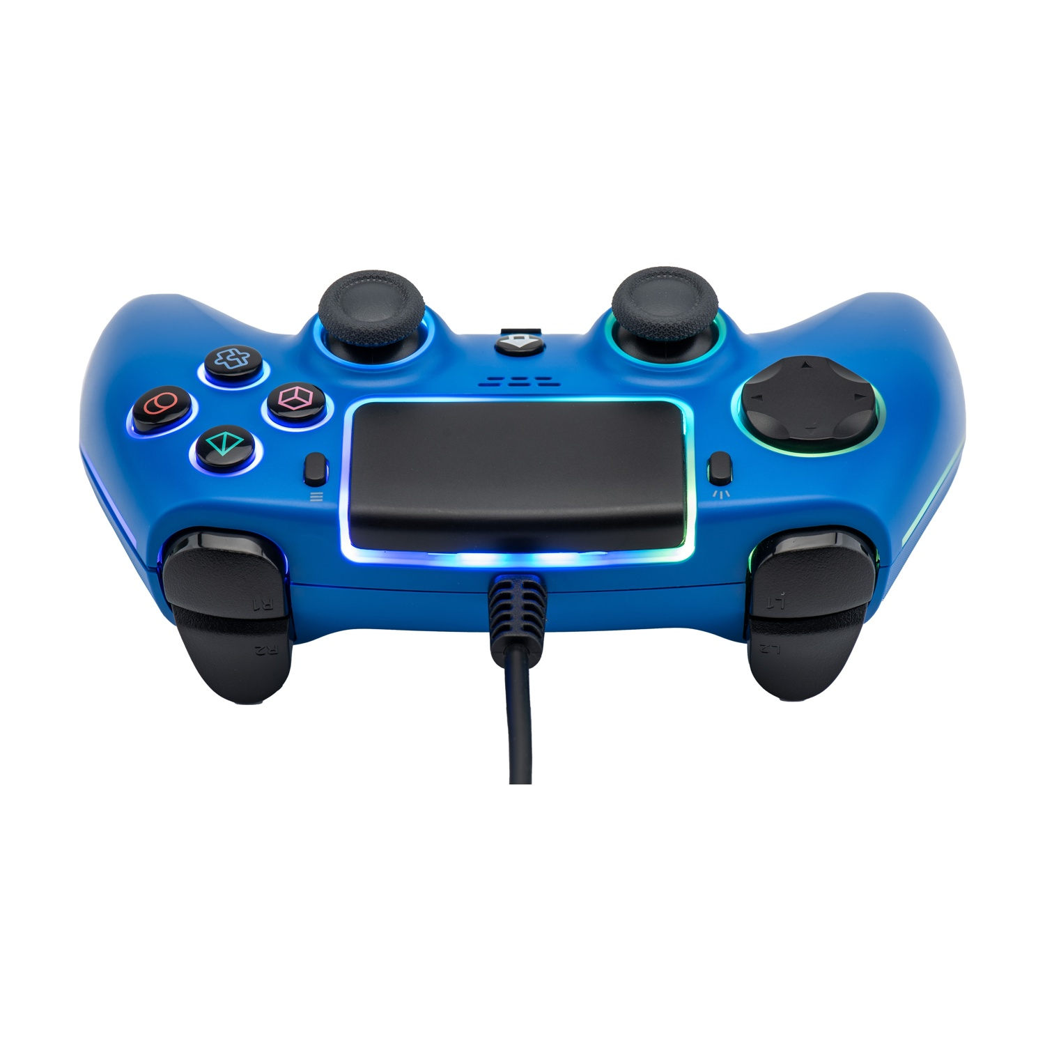 Un controller da gioco blu con luci e cavo nero.