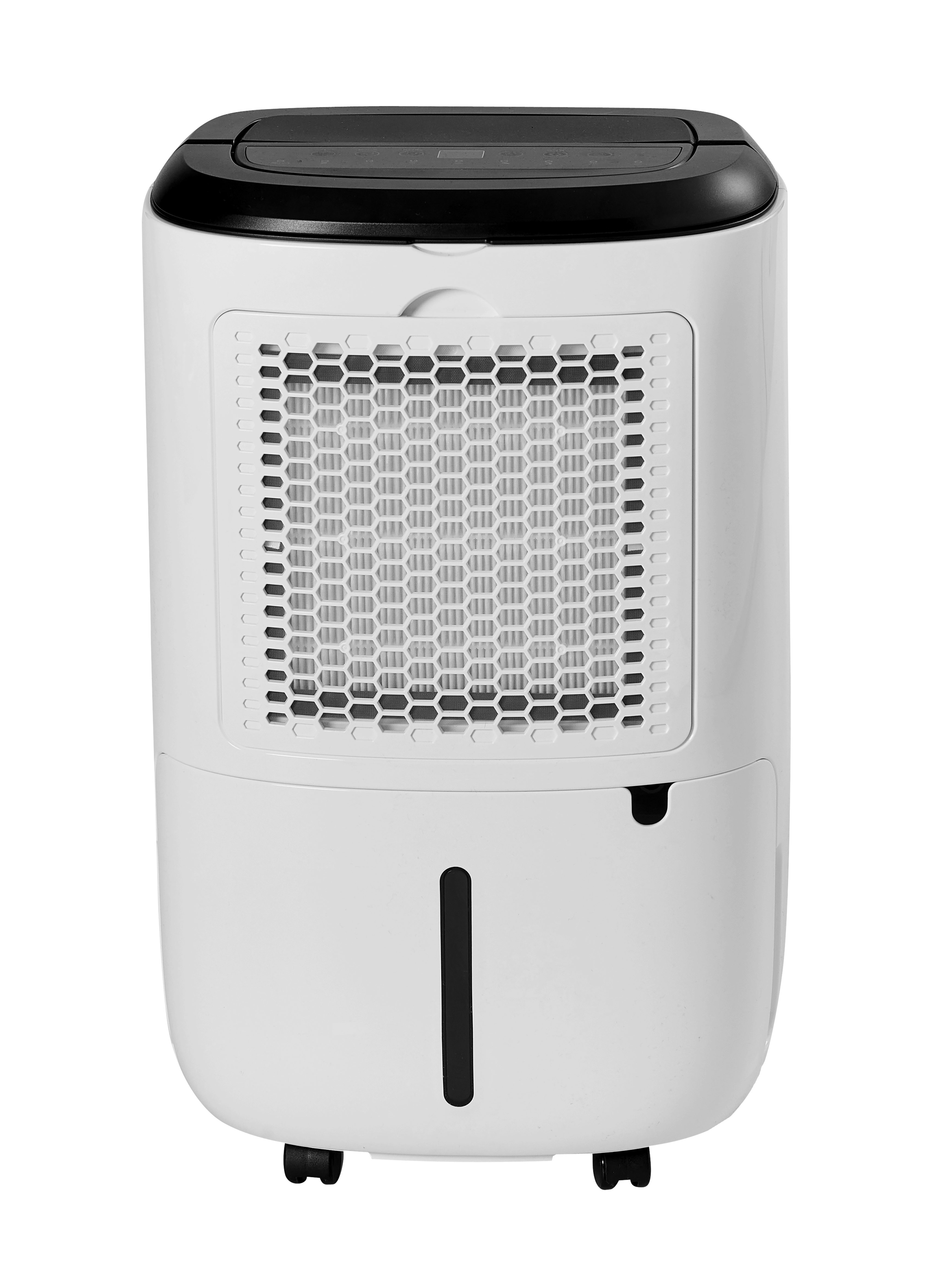 Ein weißer Luftentfeuchter mit schwarzem Bedienfeld und Wassertank.