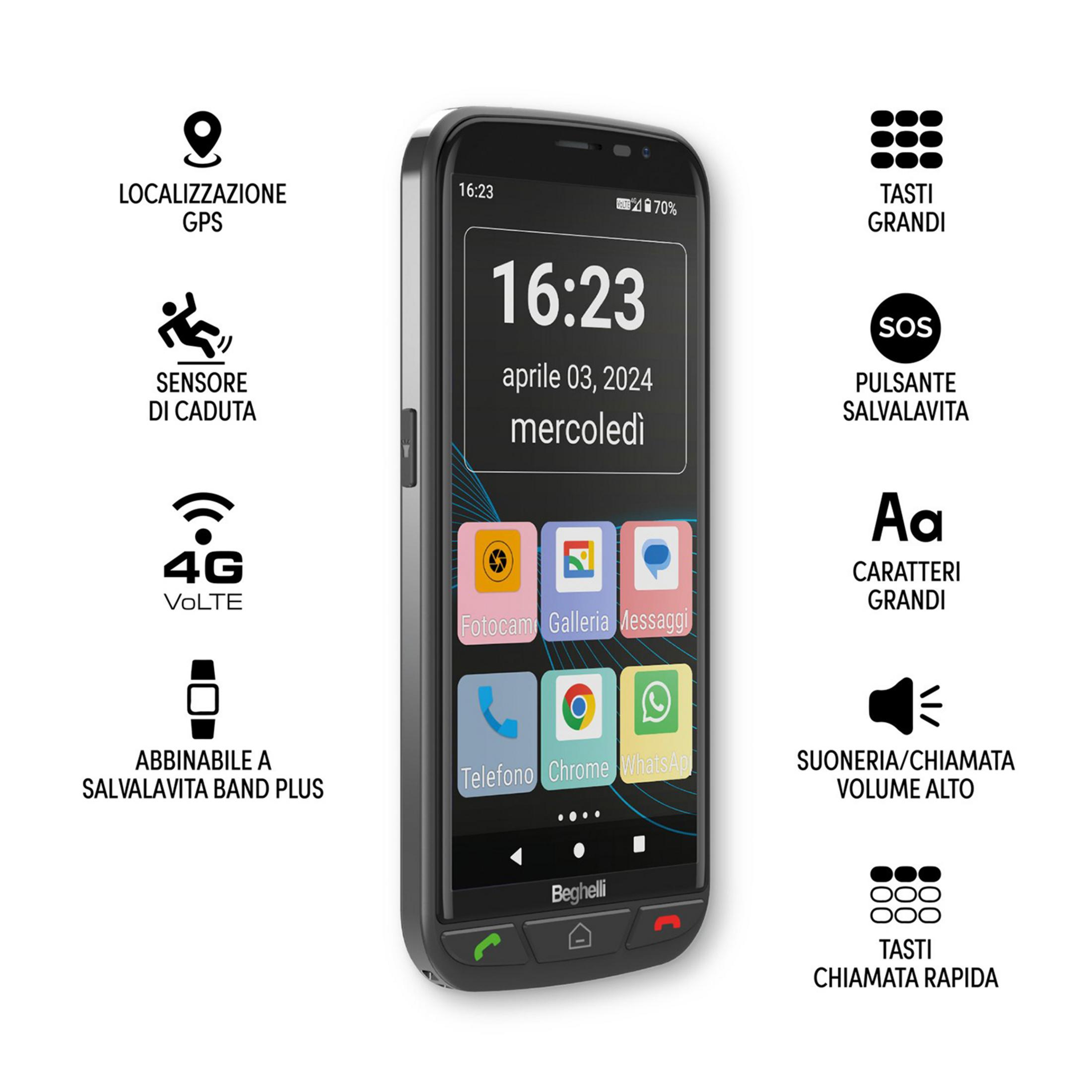 Uno smartphone con icone per GPS, sensore caduta, 4G, SOS, tasti grandi, caratteri grandi.