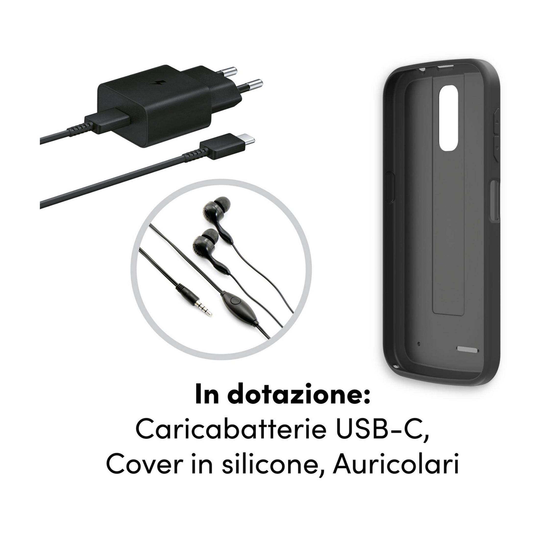 Caricabatterie USB-C nero, auricolari e cover in silicone.