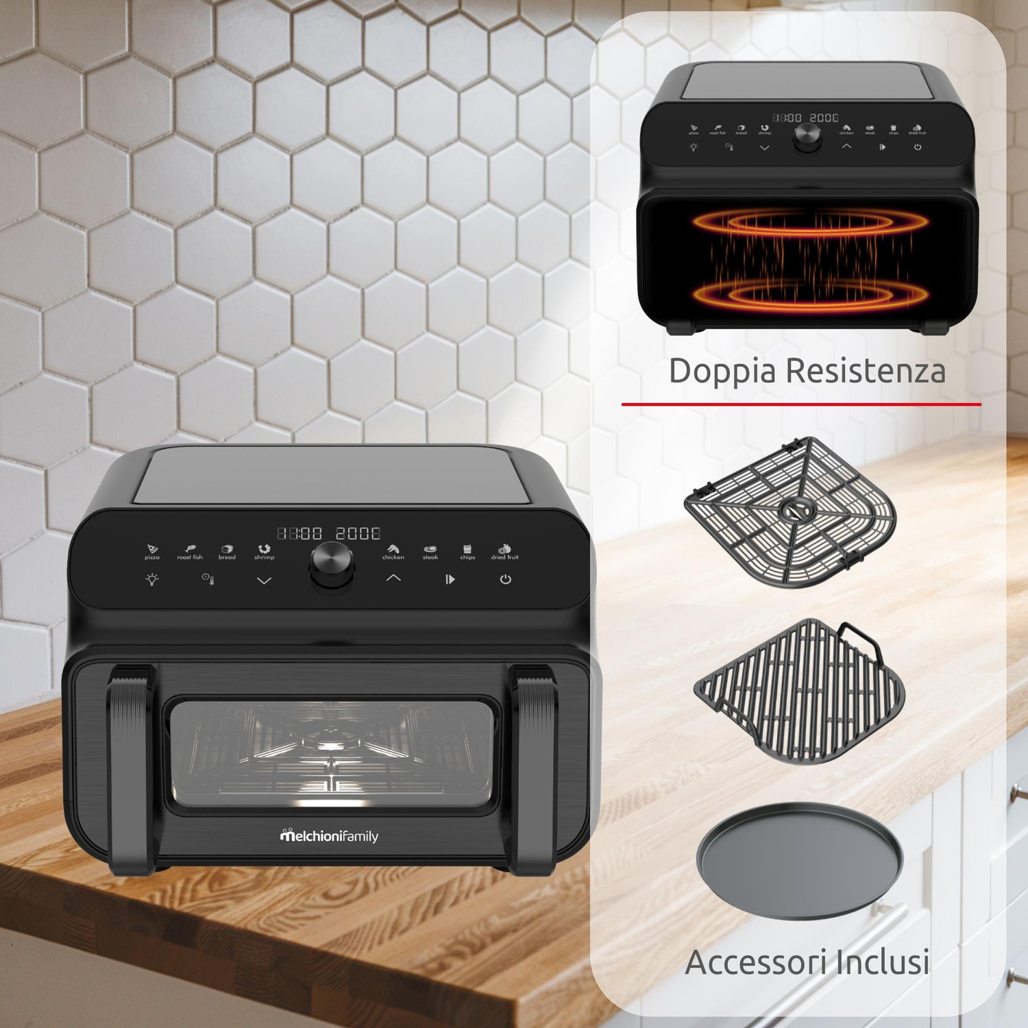 Friggitrice ad aria nera con accessori su un bancone da cucina, con resistenze interne.