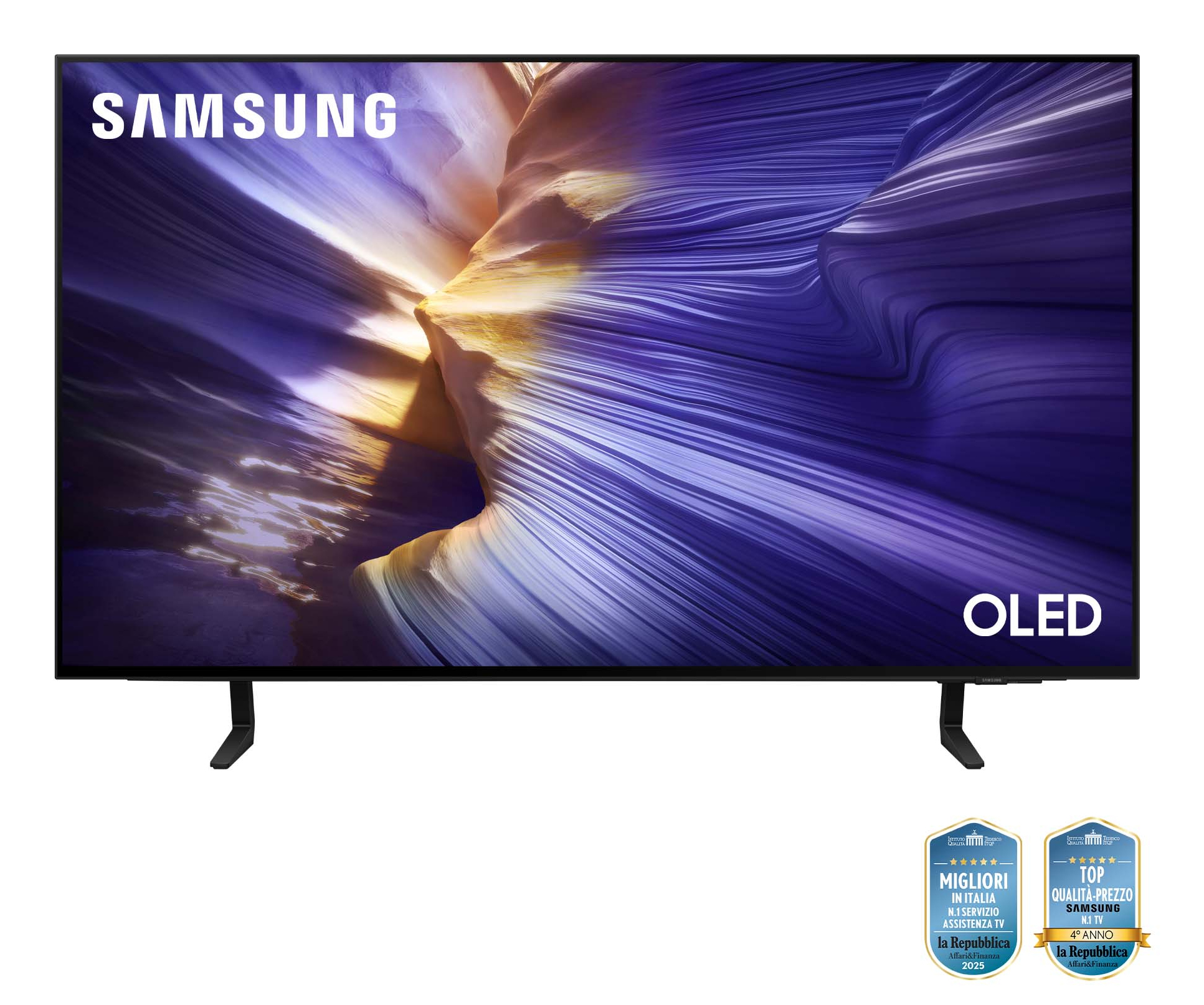 Telewizor Samsung OLED wyświetla abstrakcyjną, kolorową treść z logo i nagrodami.