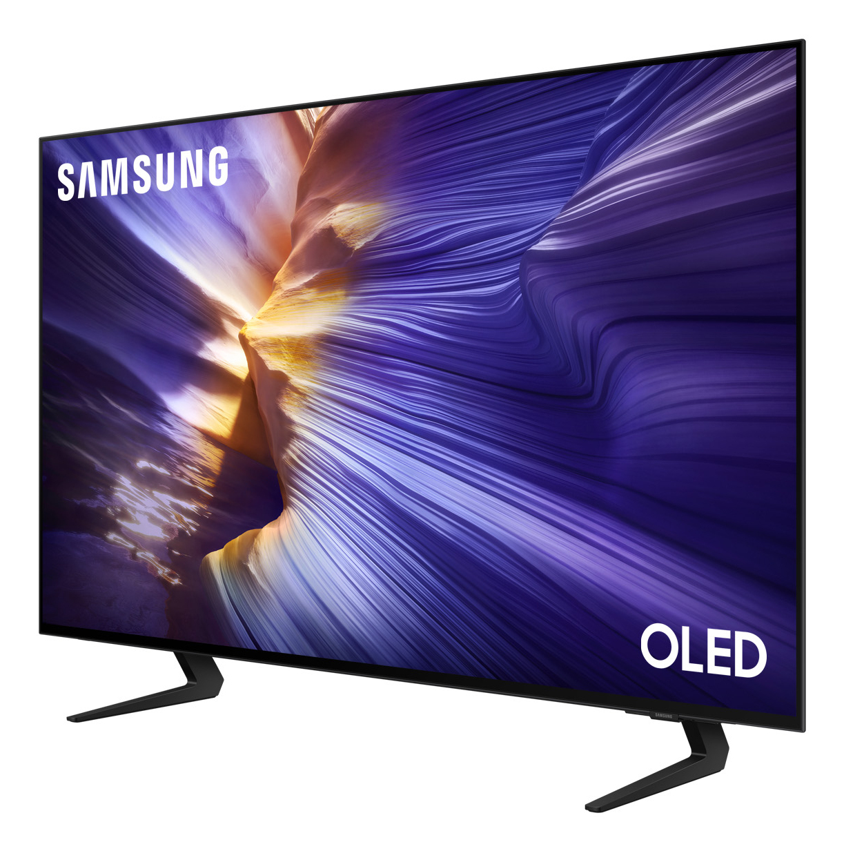 Telewizor Samsung OLED z abstrakcyjnym fioletowo-żółtym tłem.