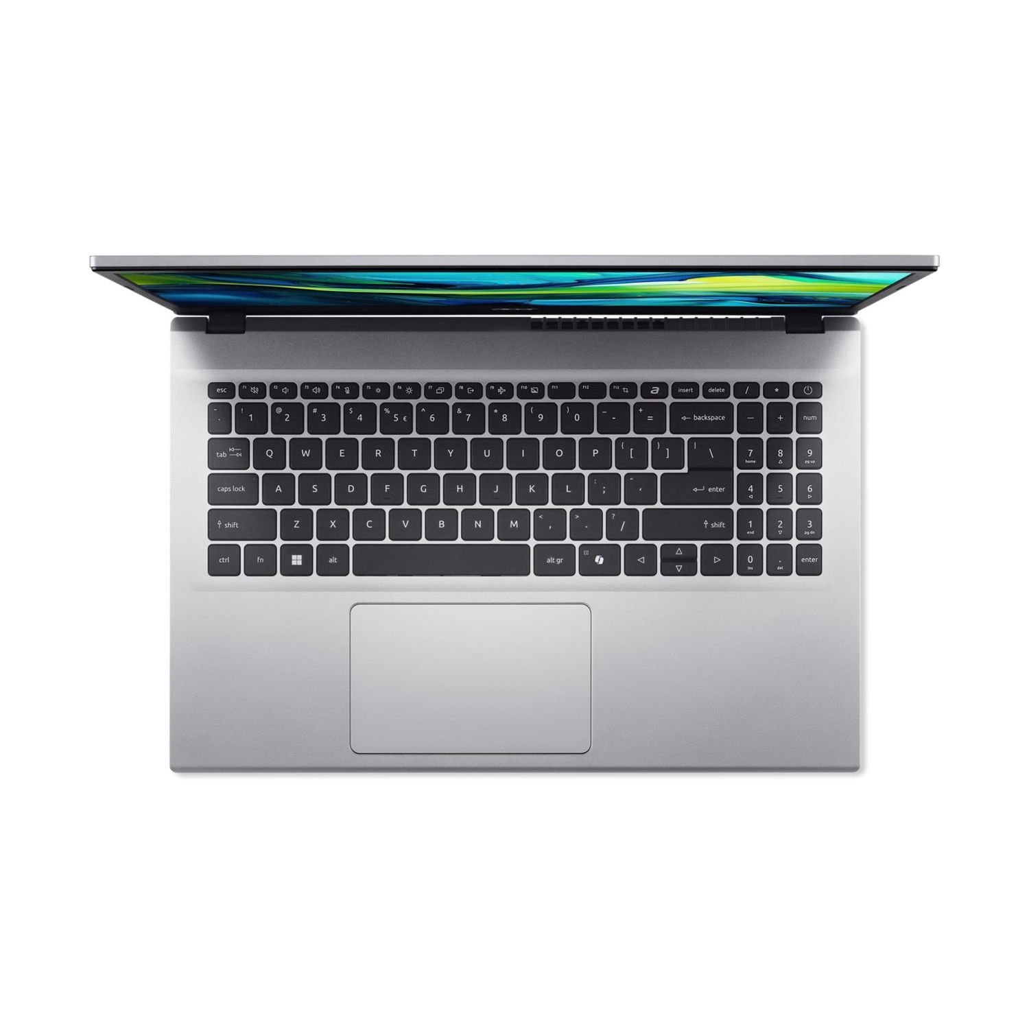 Laptop argento con schermo aperto, che mostra uno schermo colorato.