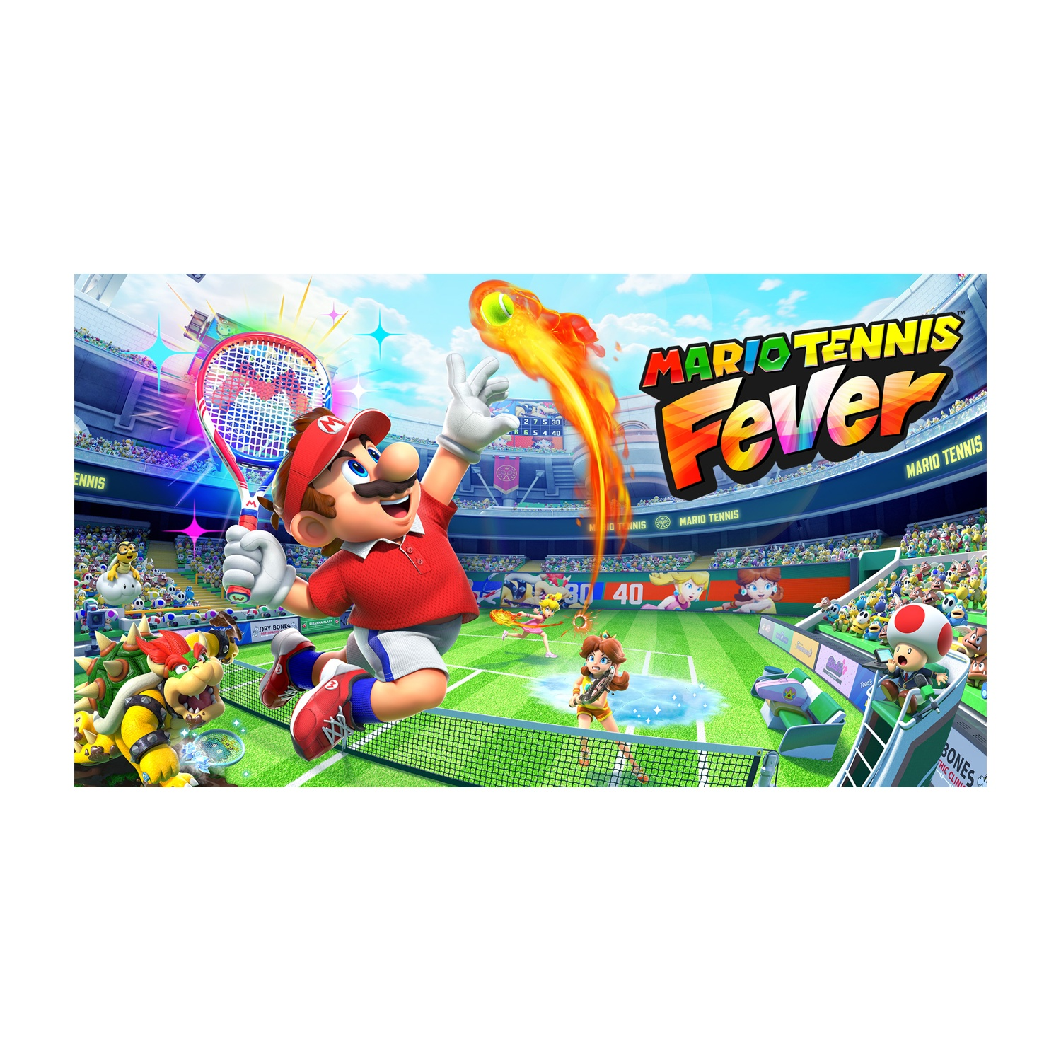 Mario schwingt einen Schläger gegen einen brennenden Ball, umgeben von Charakteren.