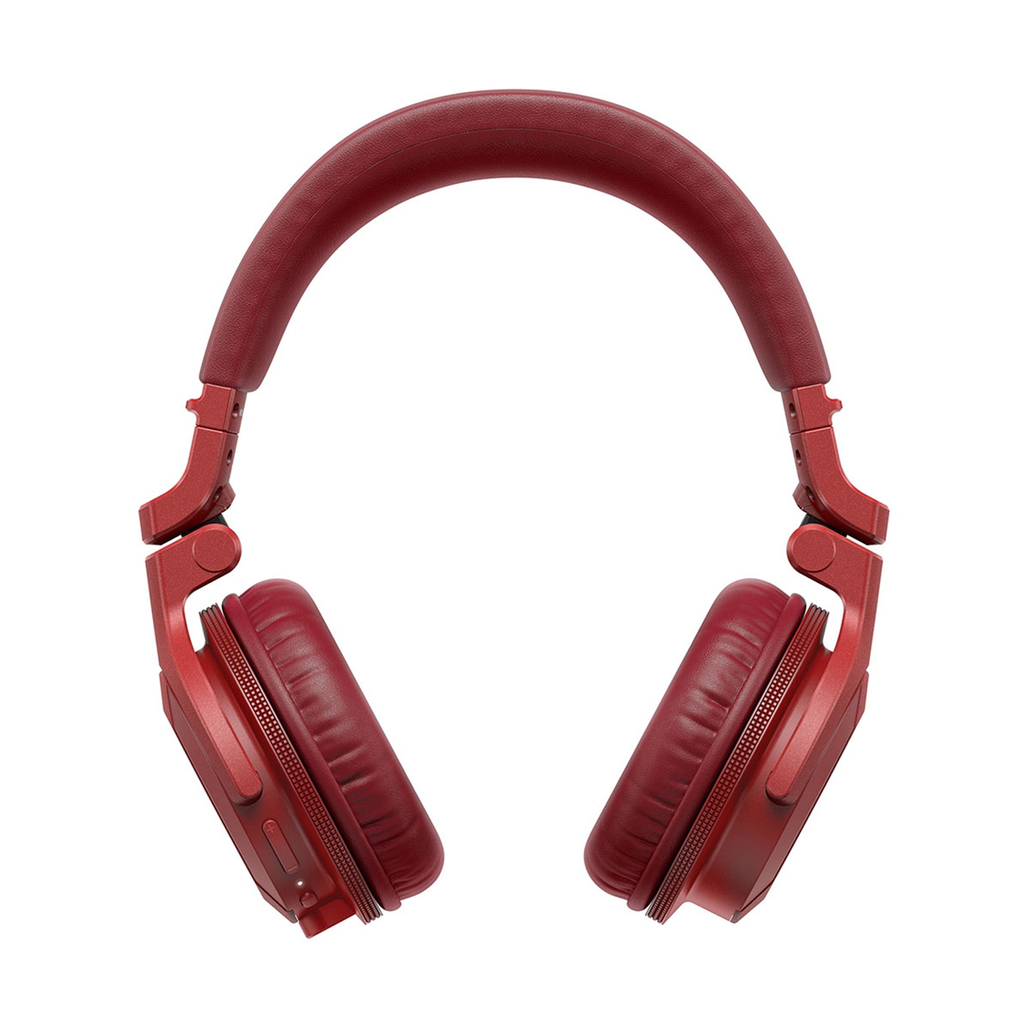 Casque circum-auriculaire rouge avec arceau rembourré, sur fond blanc.
